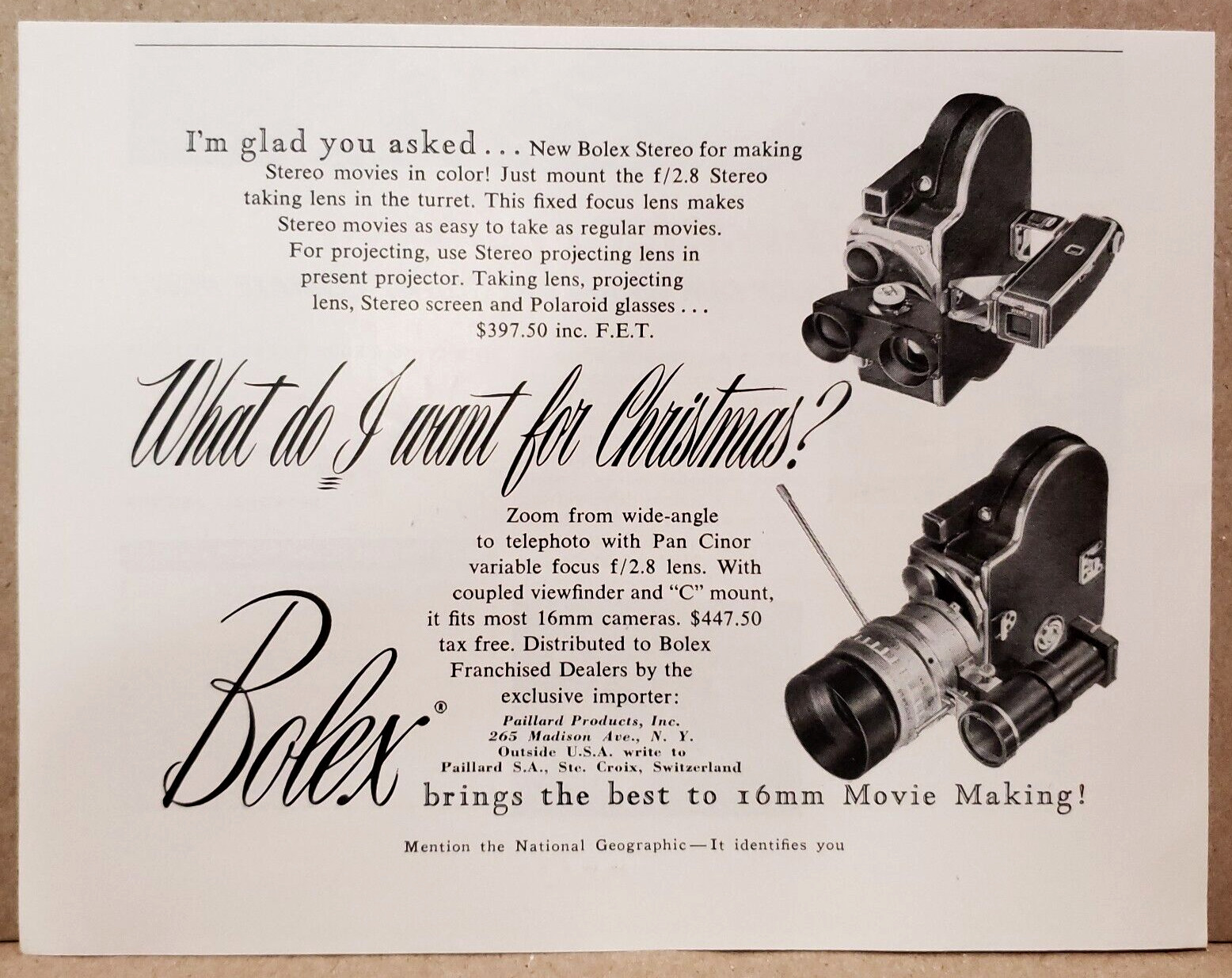 1952 Bolex 16 mm Movie Making Print Ad 
