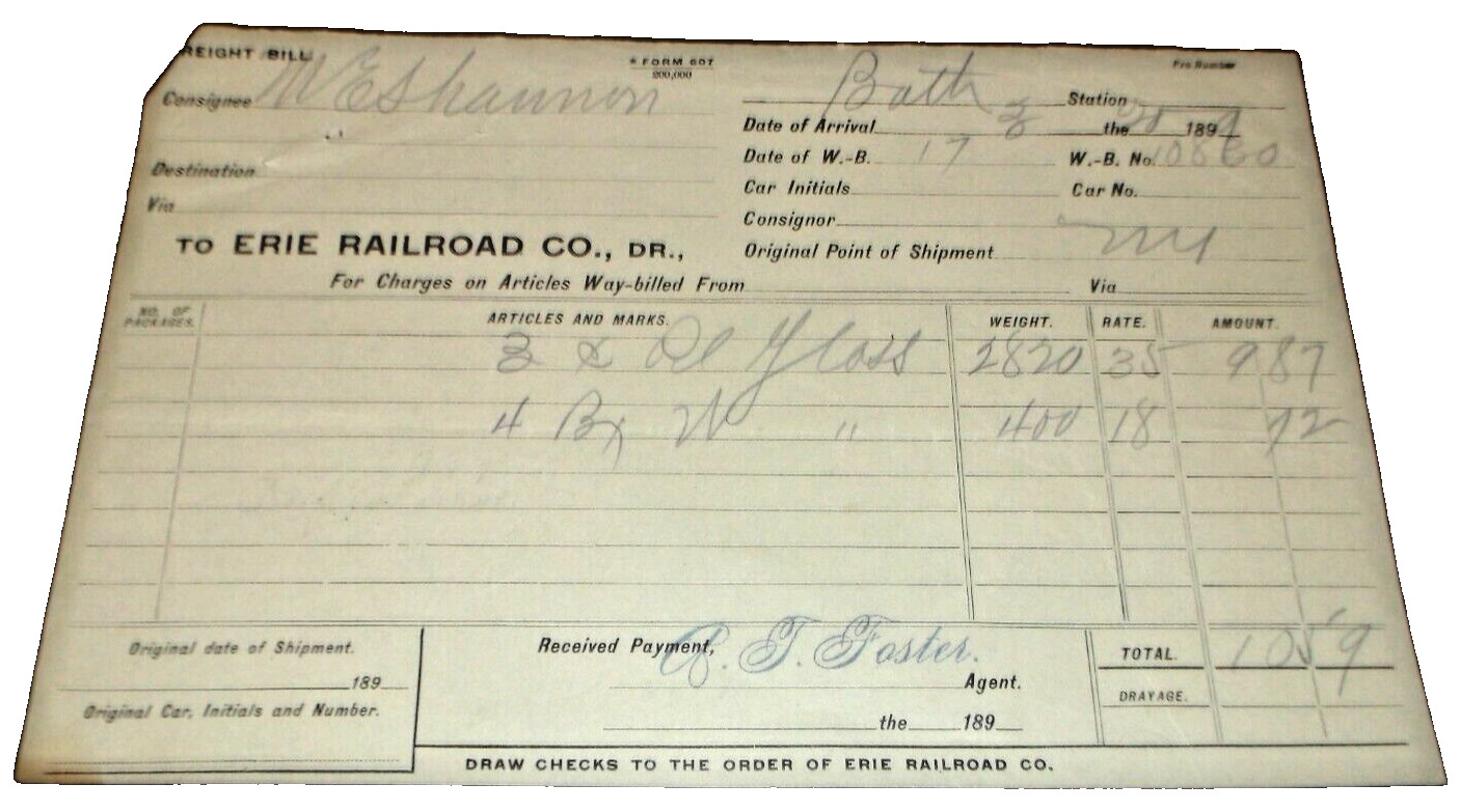 1899 ERIE RAILROAD FREIGHT BILL BATH NEW YORK