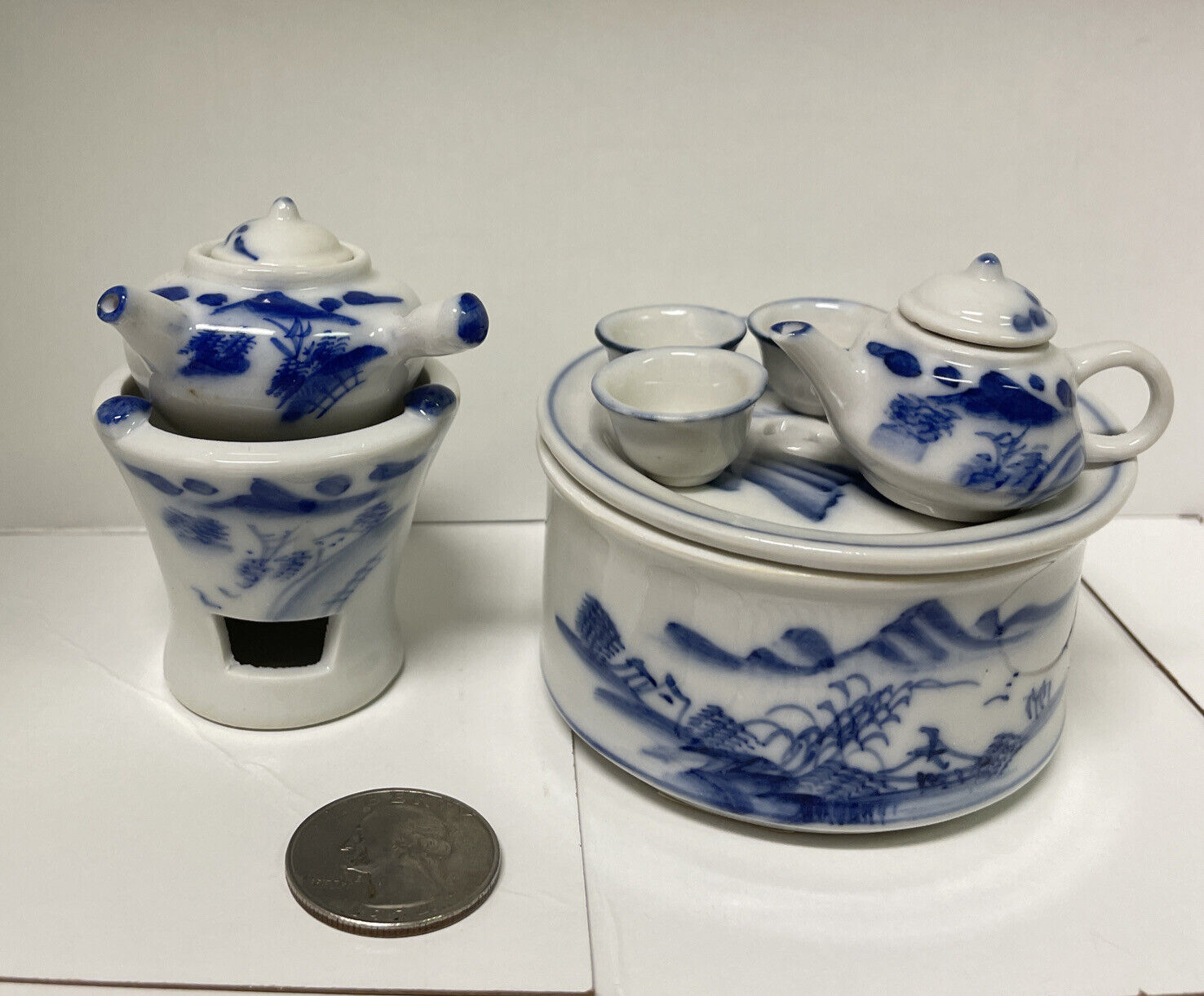 Vtg Chinese miniature blue and white porcelain 10 PCs tea set