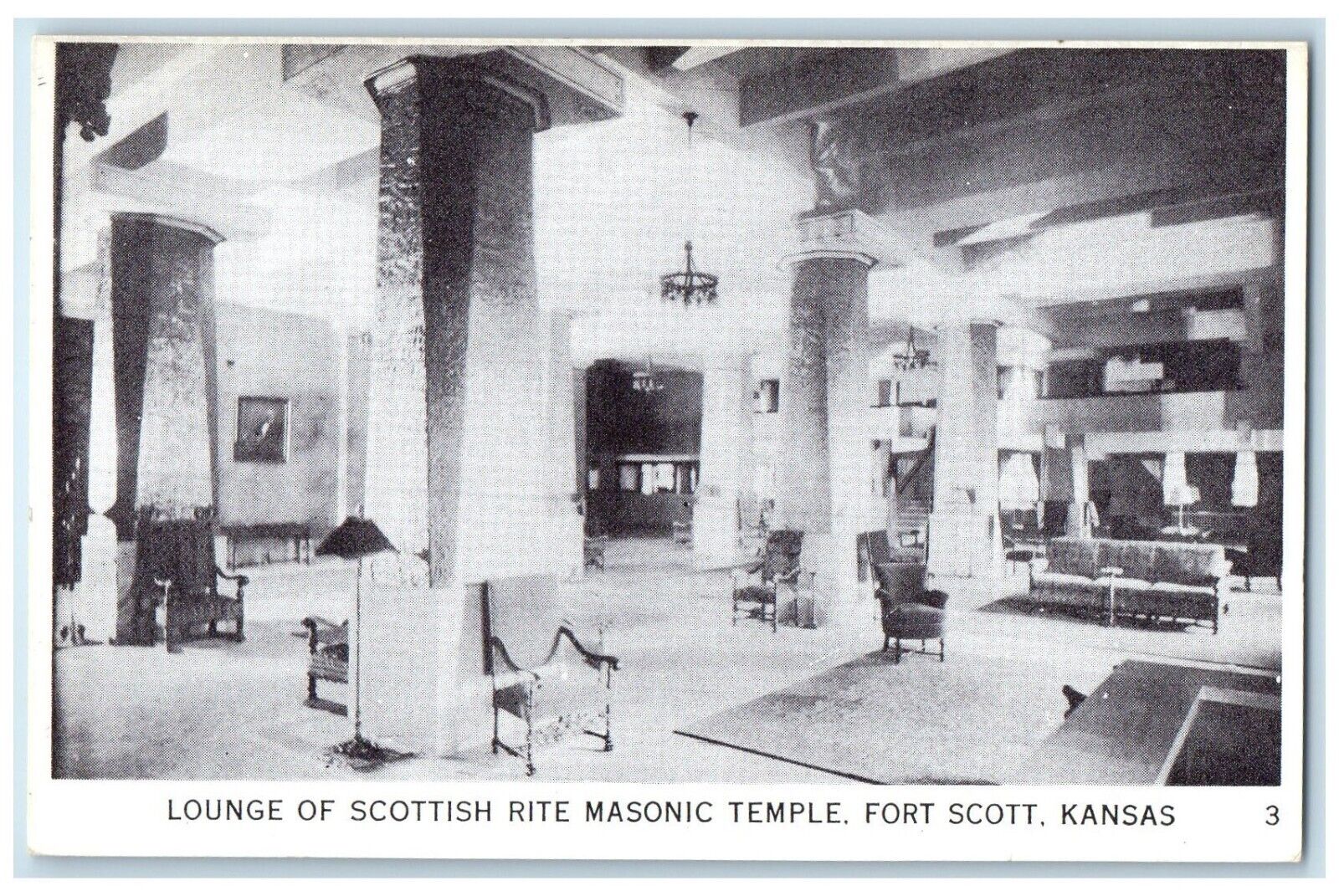 c1940 Lounge Scottish Rite Masonic Temple Fort Scott Kansas KS Vintage Postcard