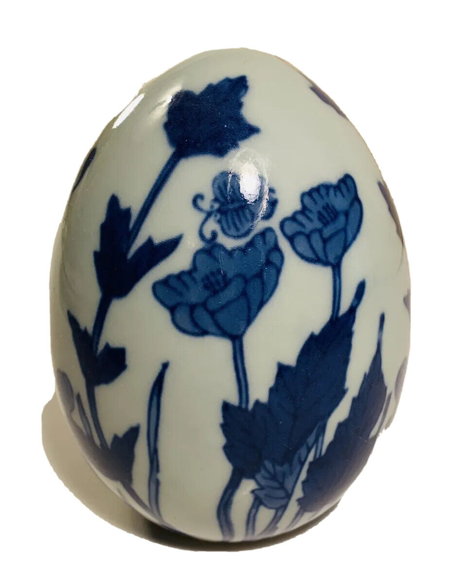 Vtg Lg Decorated Egg Flowers Butterfly 4” Cobalt Blue on White Elegant Unsigned