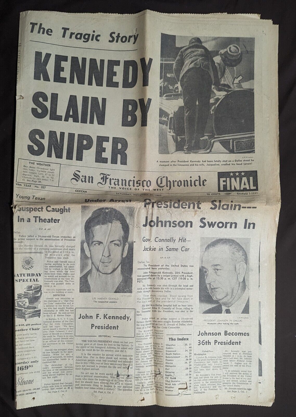 Kennedy Killed Nov 23 1963 Chronicle Paper