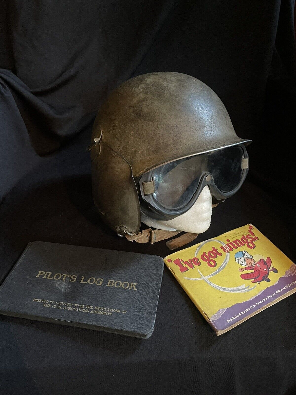 WWII US AIR CORPS M3 Flak Helmet Named Bomber Pilot With Polaroid M-1944 Goggles