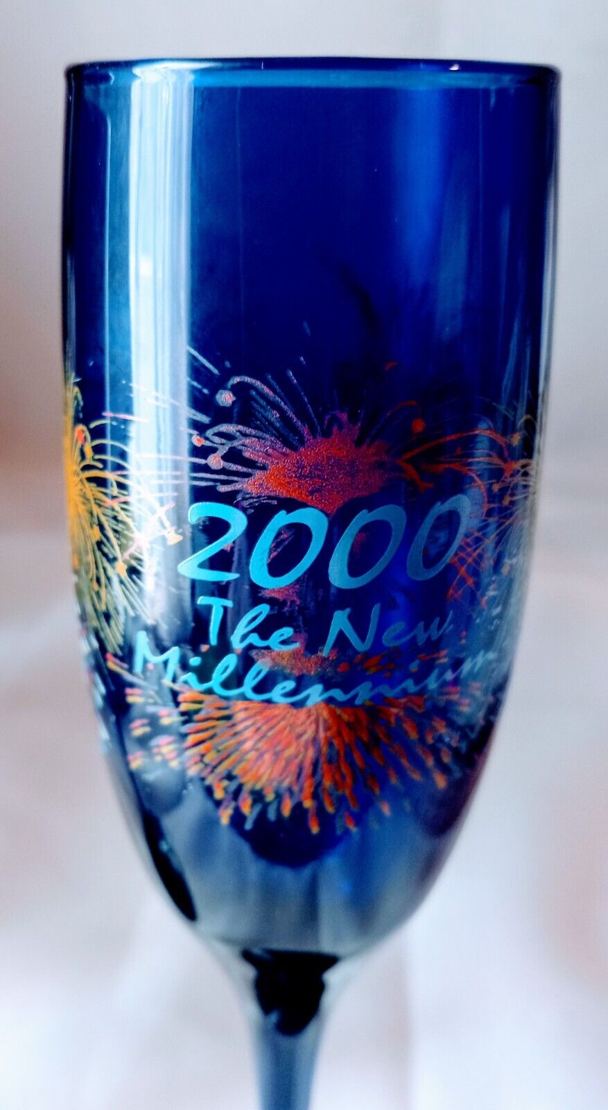Two Vtg.Cobalt Blue Champagne Flutes New Year 2000 Millennium Fireworks Embossed