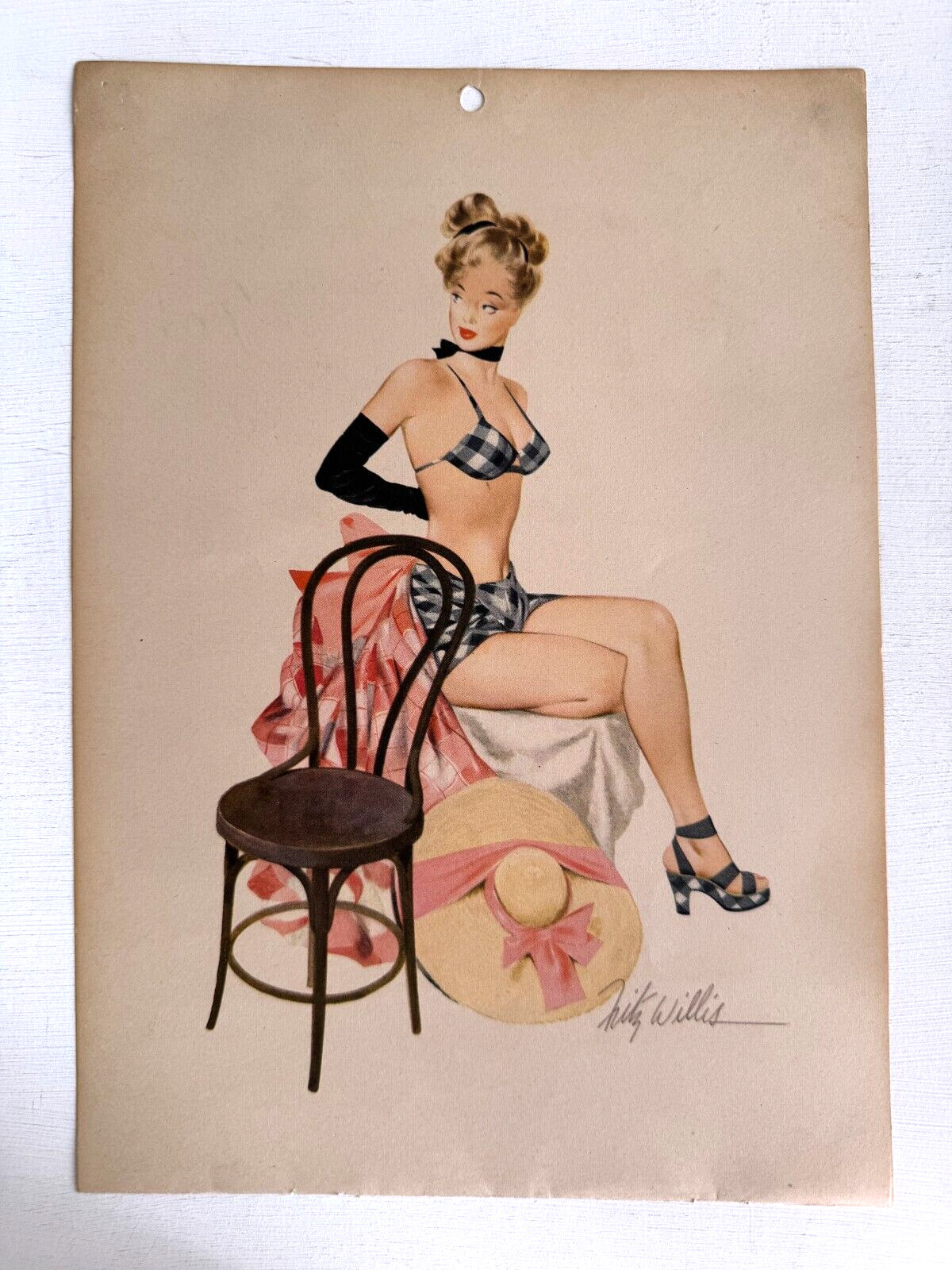 Original 1948 Pinup Girl Calendar Page by Fritz Willis- Blond in Black Plaid