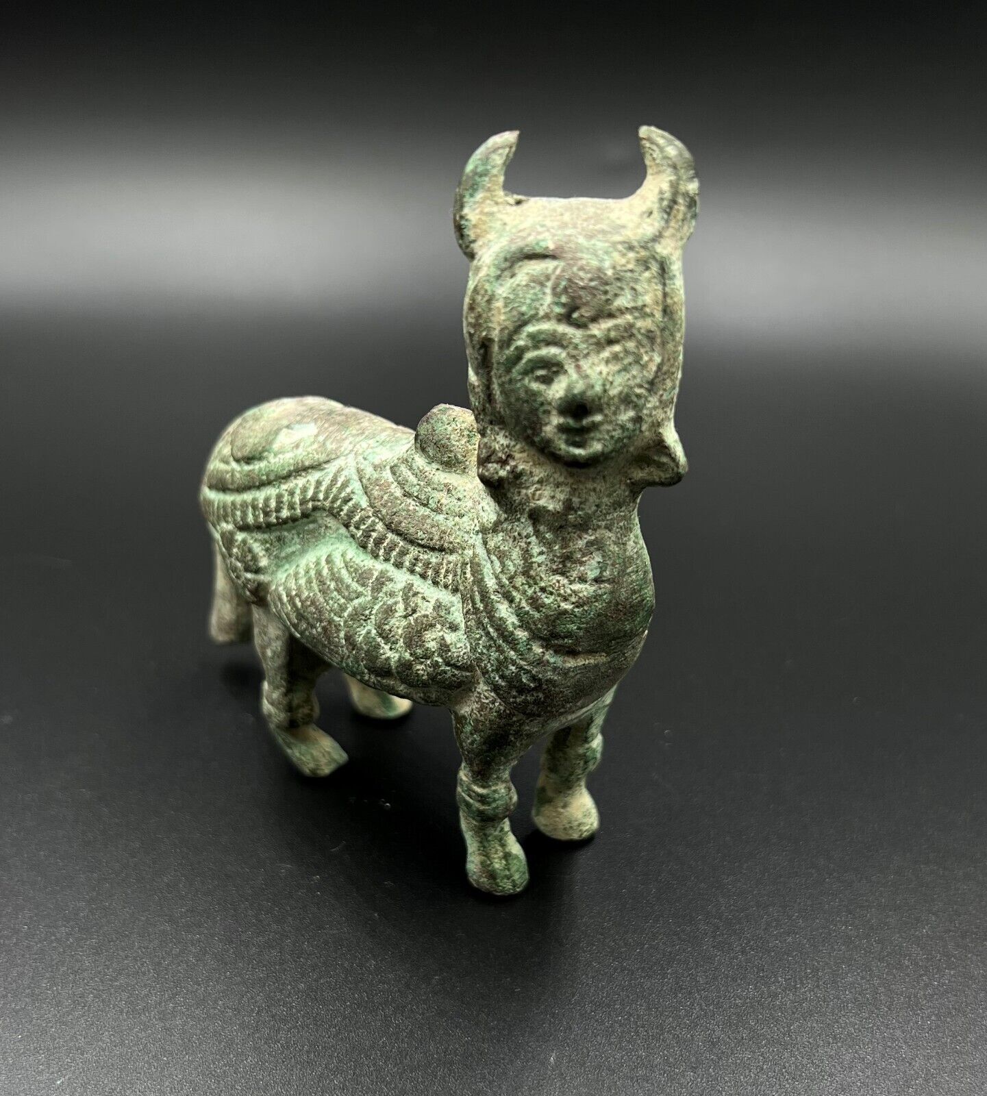 Antique Decorated Bronze Animal Figure With Human Face