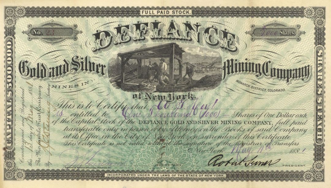 Defiance Gold and Silver Mining Co. - 1881 dated Colorado Mining Stock Certifica