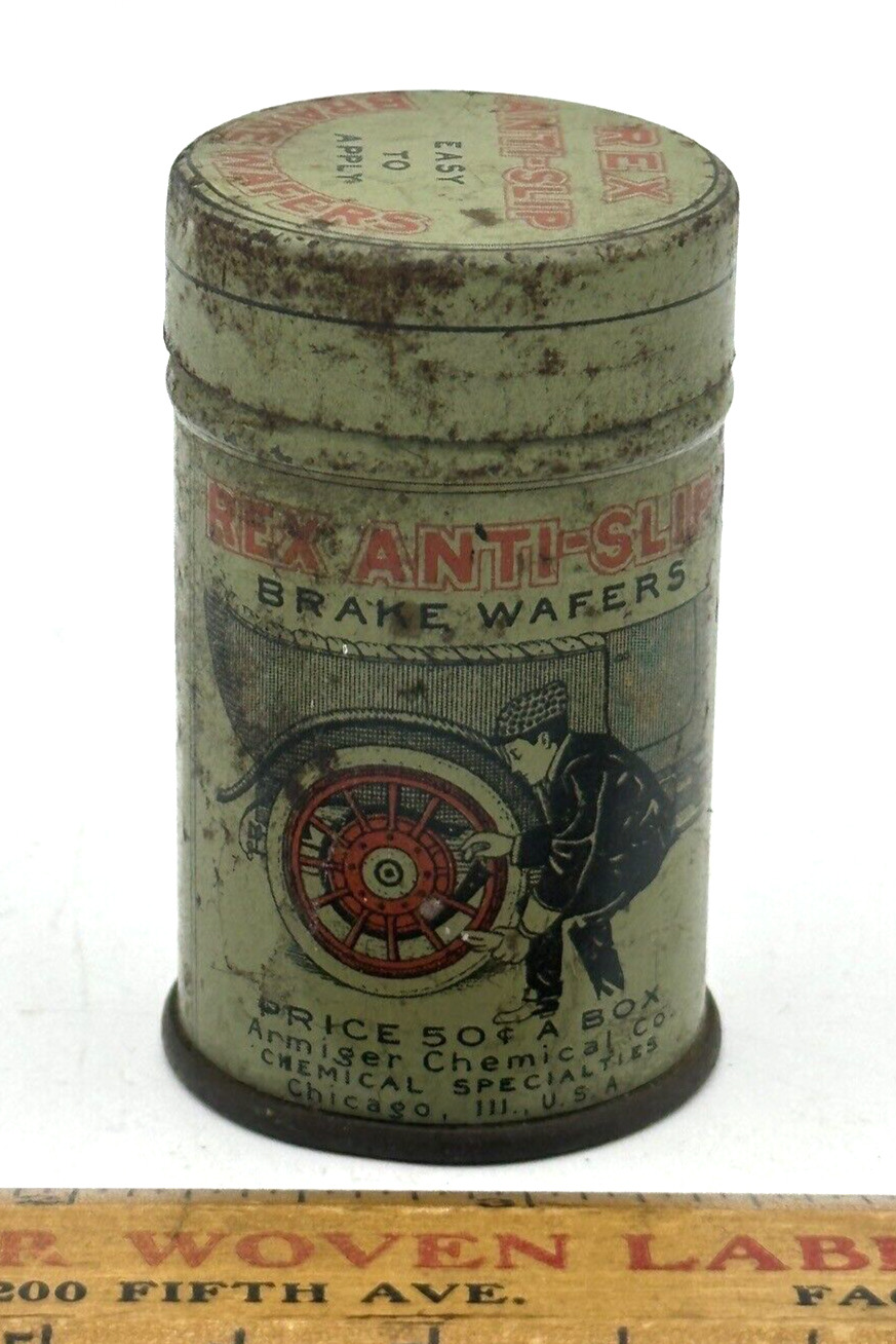 Vintage Antique Rex Anti-Slip Brake Wafers Automobile Gas Advertising Tin 1920s