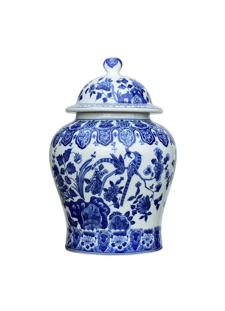 Blue and White Porcelain Chinoiserie Bird Temple Jar 13\