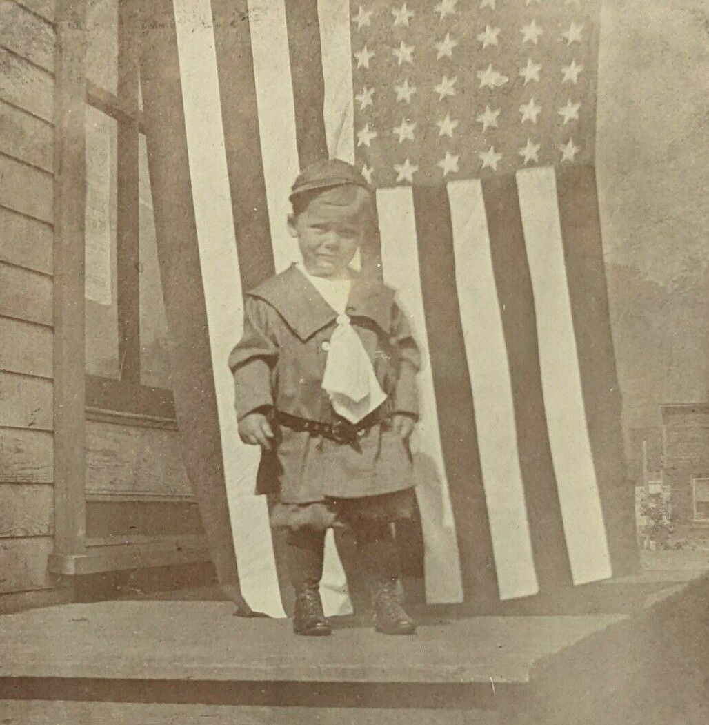 Vintage 1890s Boy Dressed Up Soldier Uniform Boots Patriotic Flag Cabinet Card