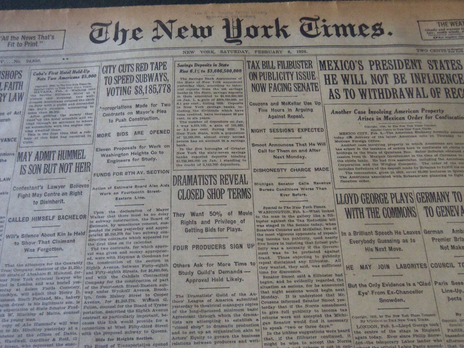1926 FEBRUARY 6 NEW YORK TIMES - DRAMATISTS REVEAL CLOSED SHOP TERMS - NT 6609