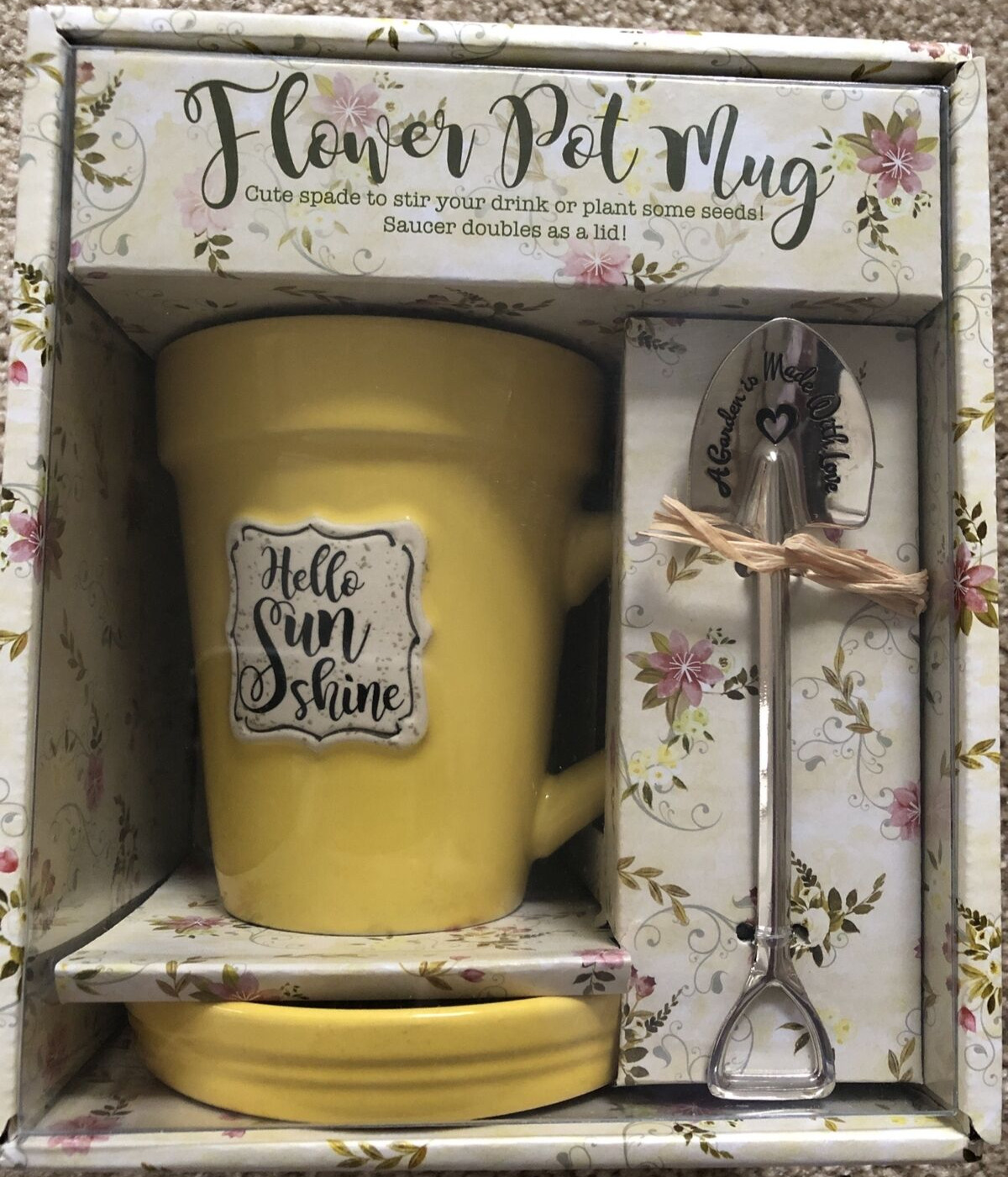 DAK Hello Sunshine Yellow Flower Pot Mug with Spade Spoon 14oz