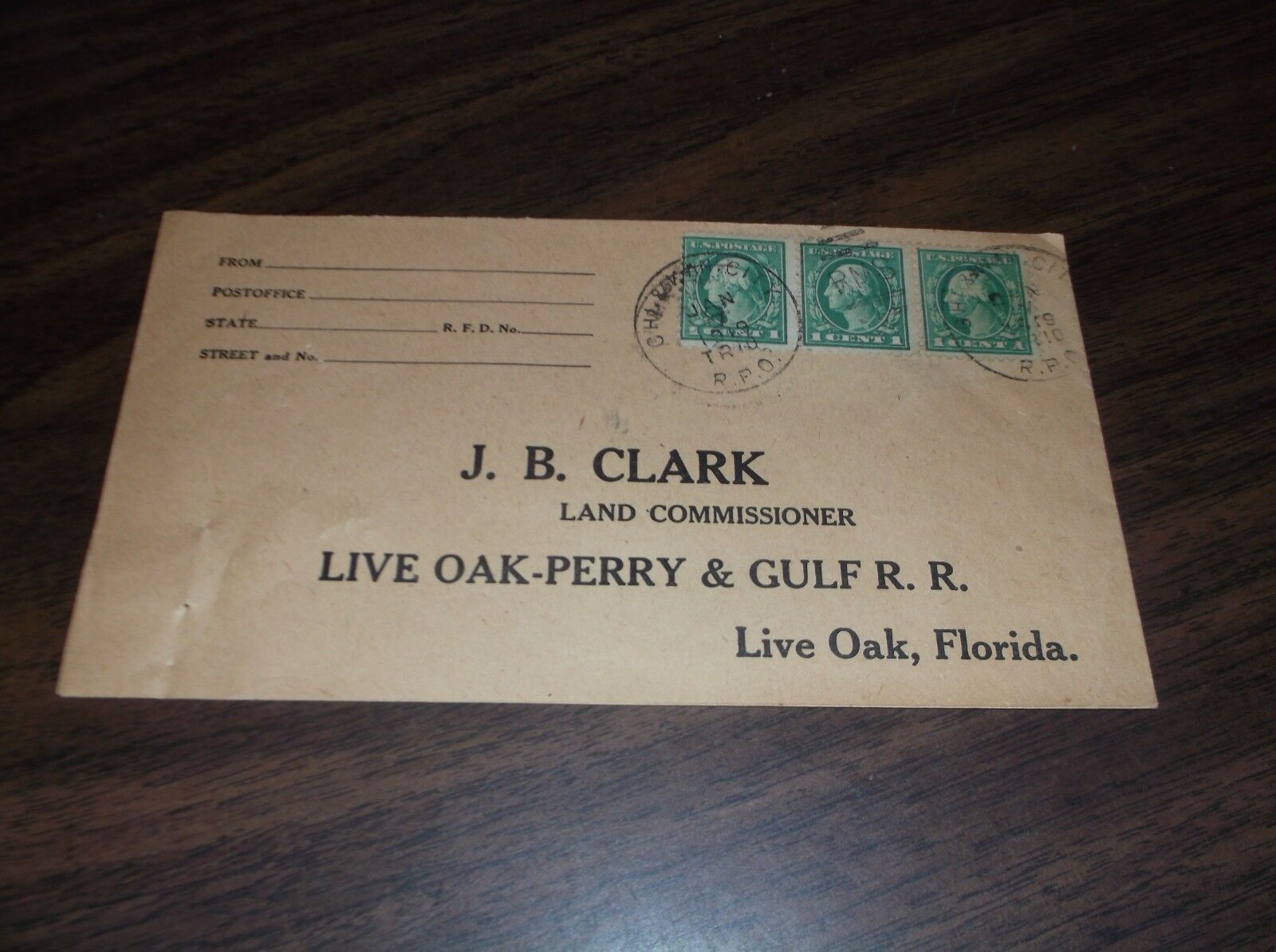 1909 LIVE OAK PERRY & GULF RAILROAD COMPANY ENVELOPE CHICAGO & KC RPO TRAIN 10