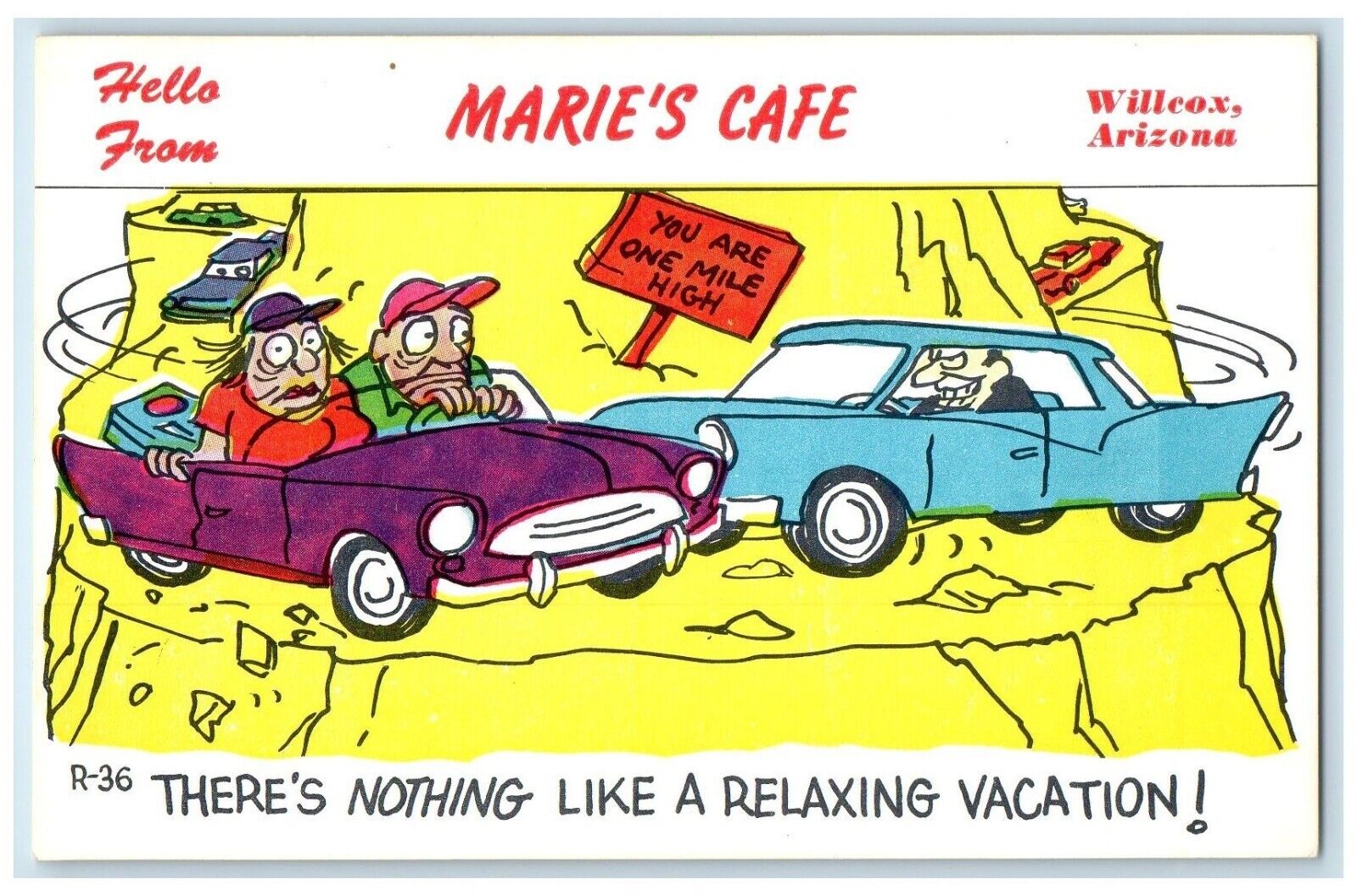 Hello From Marie\'s Cafe Willcox Arizona AZ, Cars You Are One Mile High Postcard