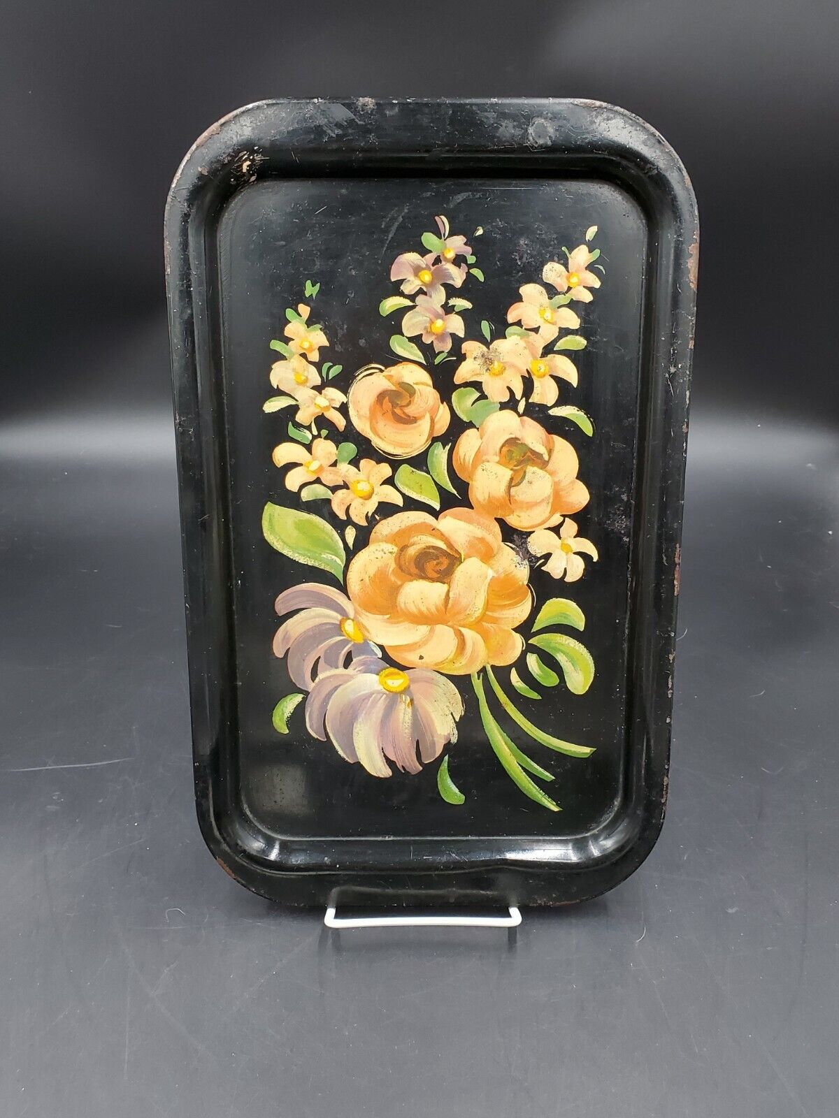Vintage 1950\'s Metal Serving Tray black Floral 9\