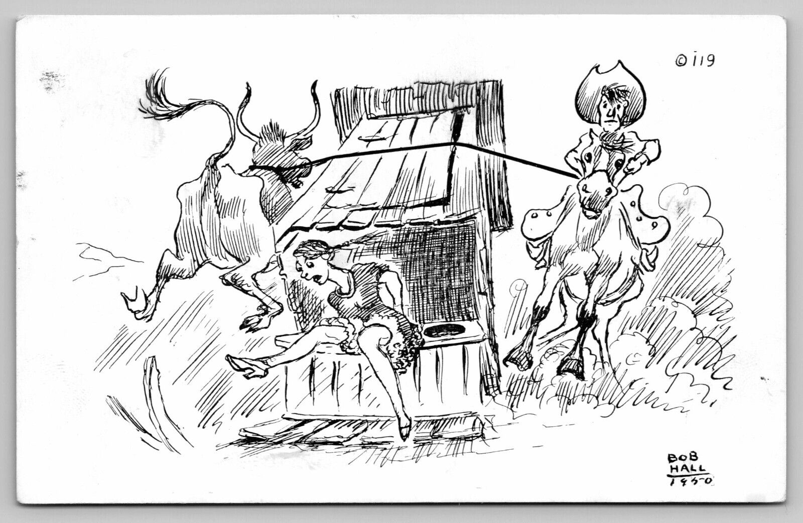 Cowboy Ropes Steer Turns Over Outhouse Pretty Girl Vintage Funny Postcard