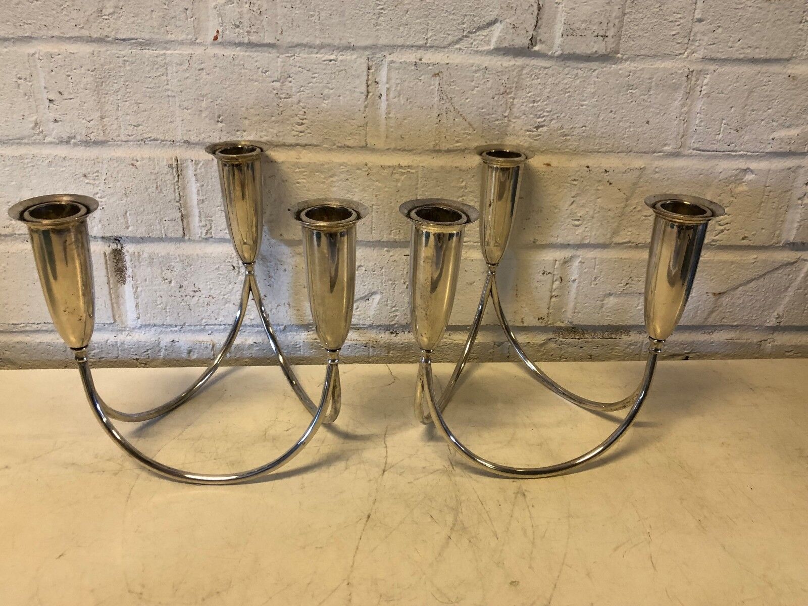 Vintage Modernist Silverplate Triple Candle Holders