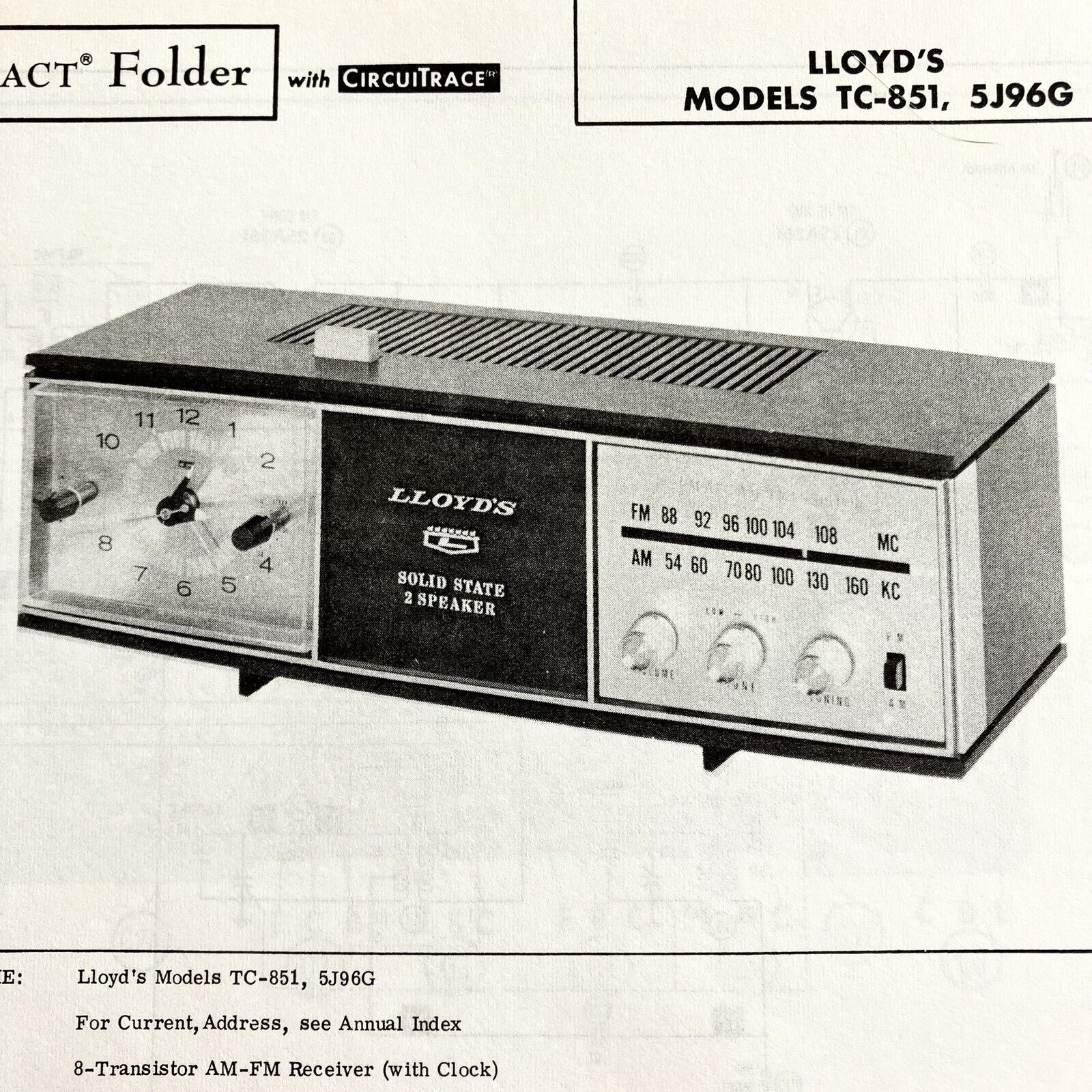 Vintage 1966 Lloyd’s Clock Radio TC-851 5J96G Wire Schematic Service Manual