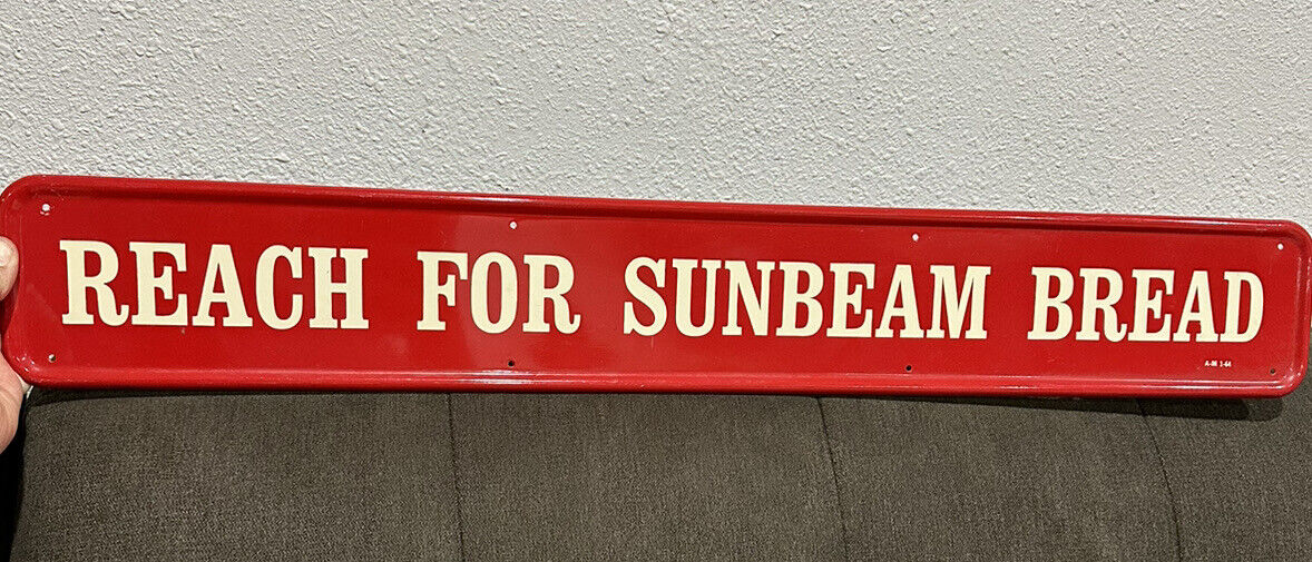 Vintage Reach For Sunbeam Bread Self Framed Metal Red Sign A-M 1-64 Used