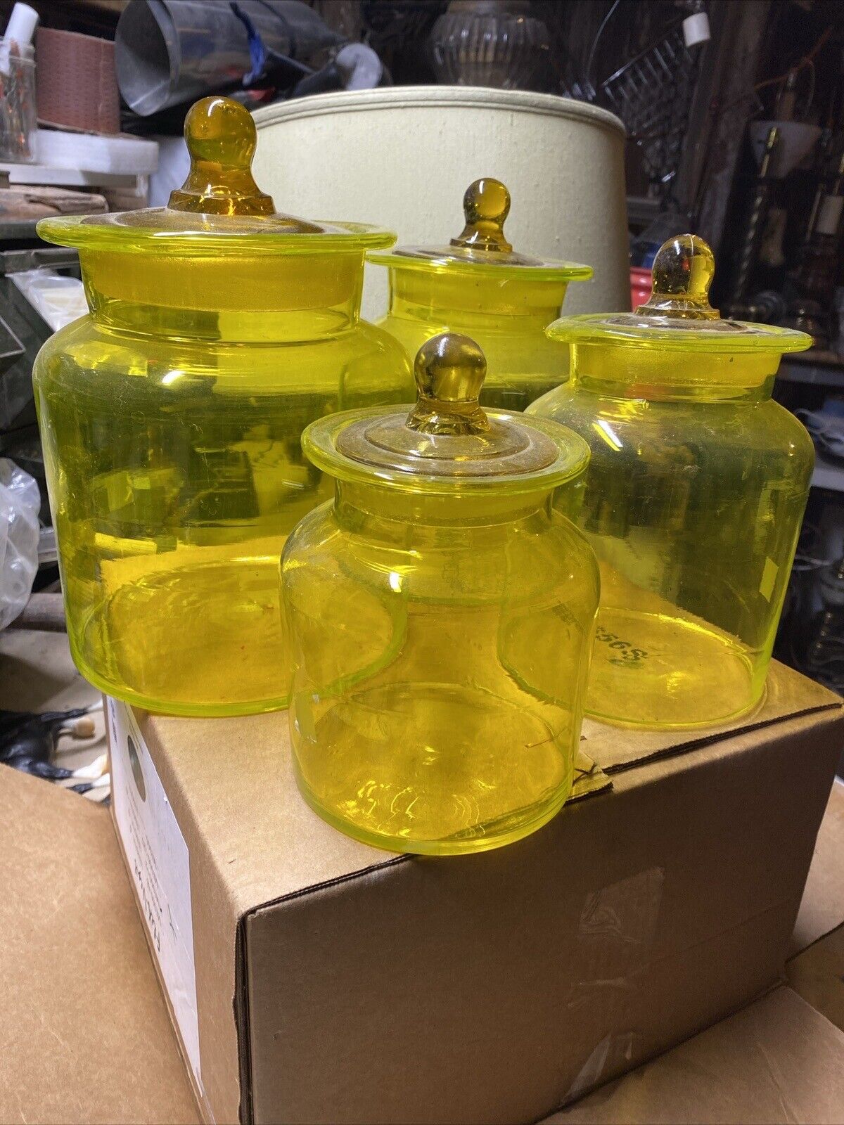 MCM RETRO Vtg TAKAHASHI ART Yellow Glass APOTHECARY Jars Canisters SET OF 4