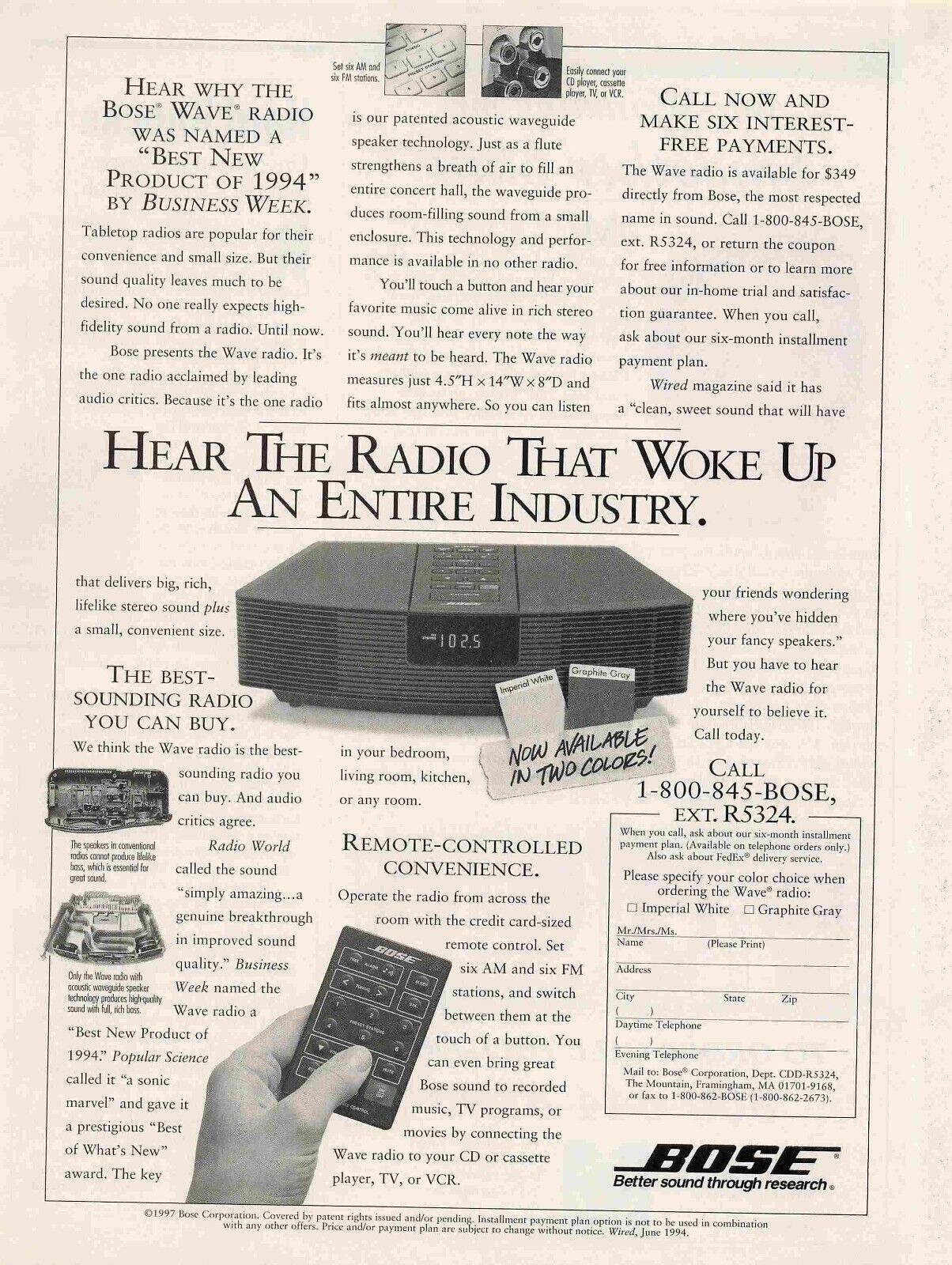 1997 Bose Radio With Remote 1990S Vtg  Magazine Print Ad 8X11