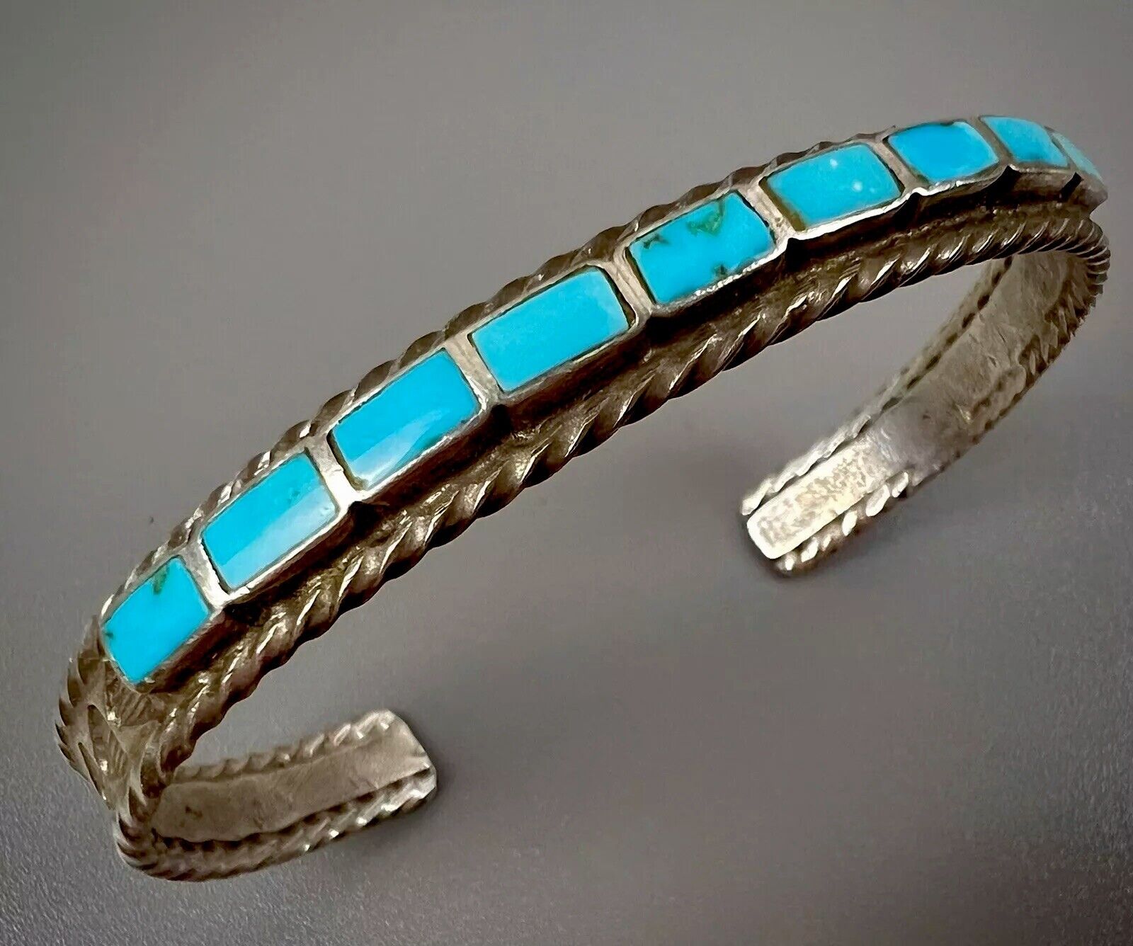 Vintage Zuni Sterling Silver Turquoise Inlay Cuff Bracelet