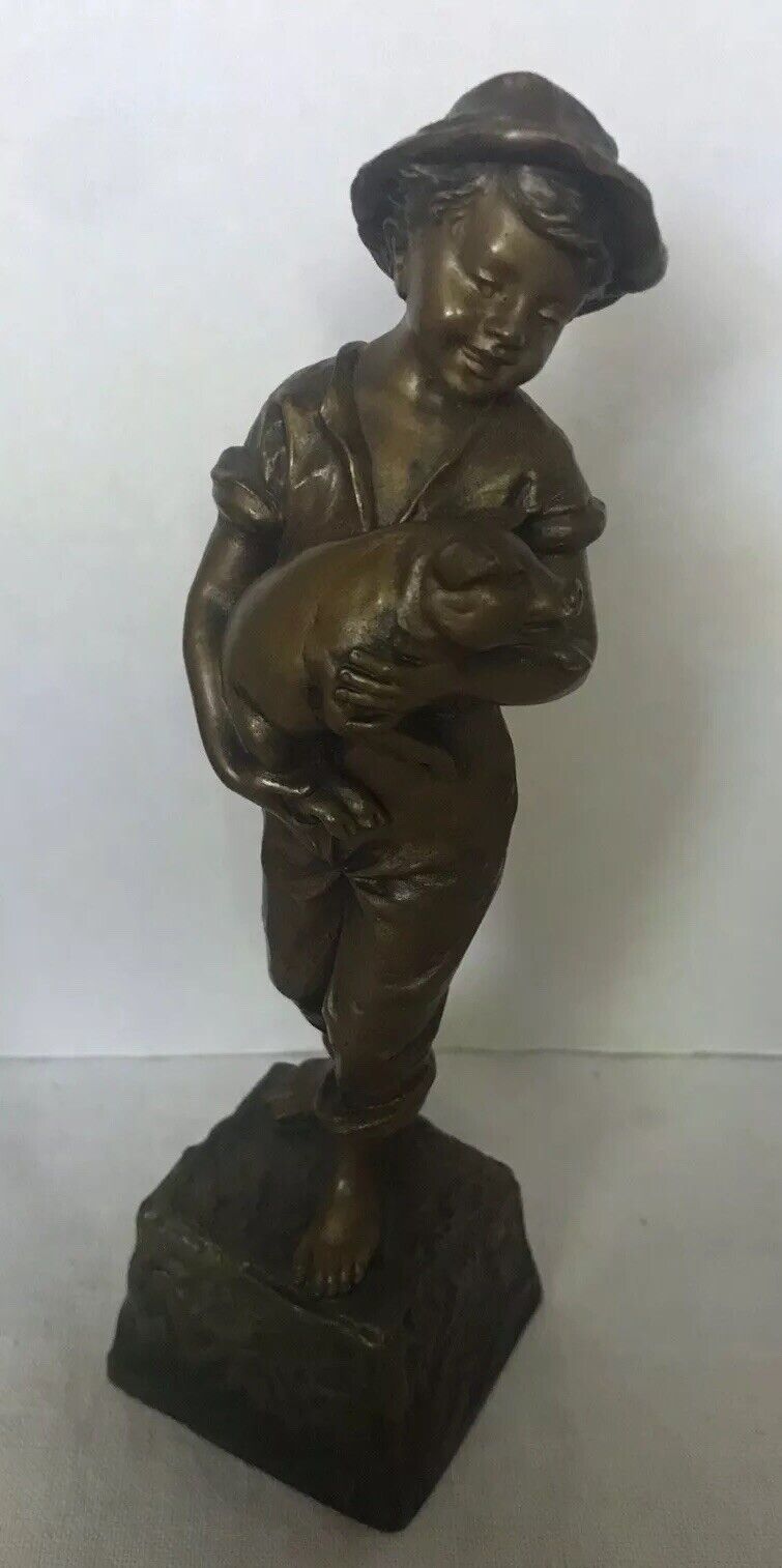 ANTIQUE Bronze Fiqure Of A Young Boy Holding A PIG