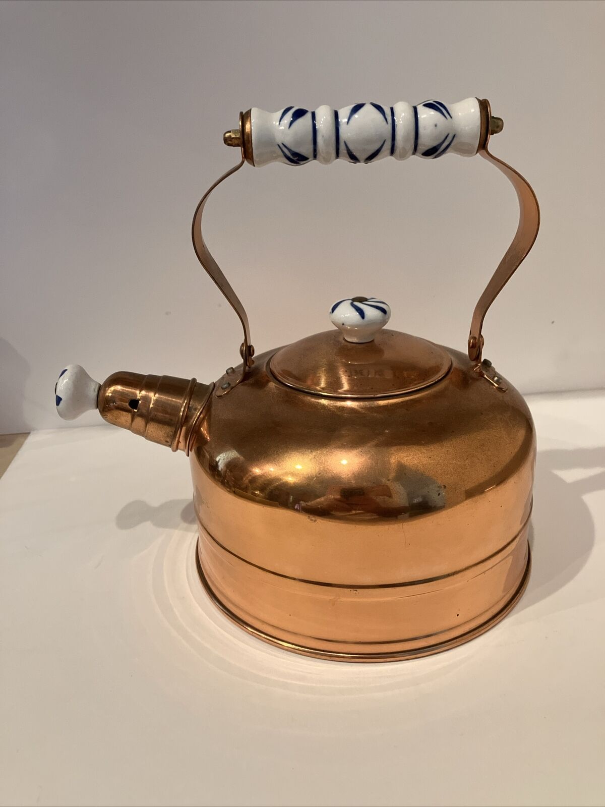The Cellar Copper Whistling Tea Pot Blue & White Porcelain Handles - Very Nice