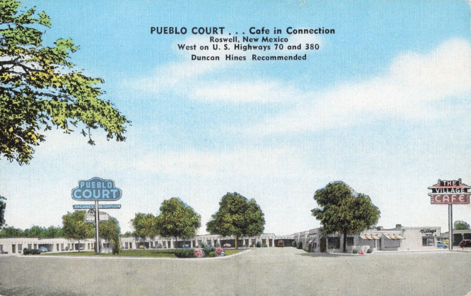Roswell NM New Mexico, Pueblo Court Motel & Cafe Advertising, Vintage Postcard