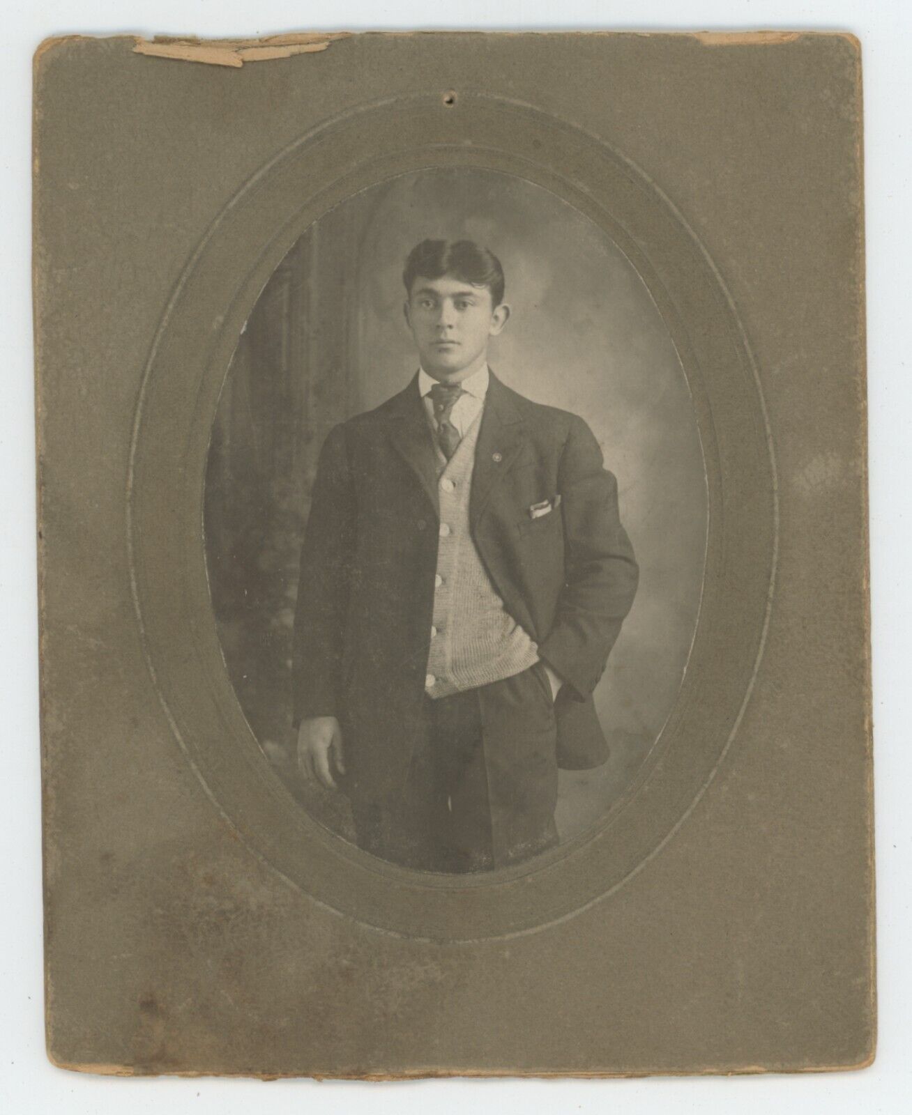 Antique Circa 1900s Trimmed Cabinet Card Handsome Young Man Wearing Suit & Vest