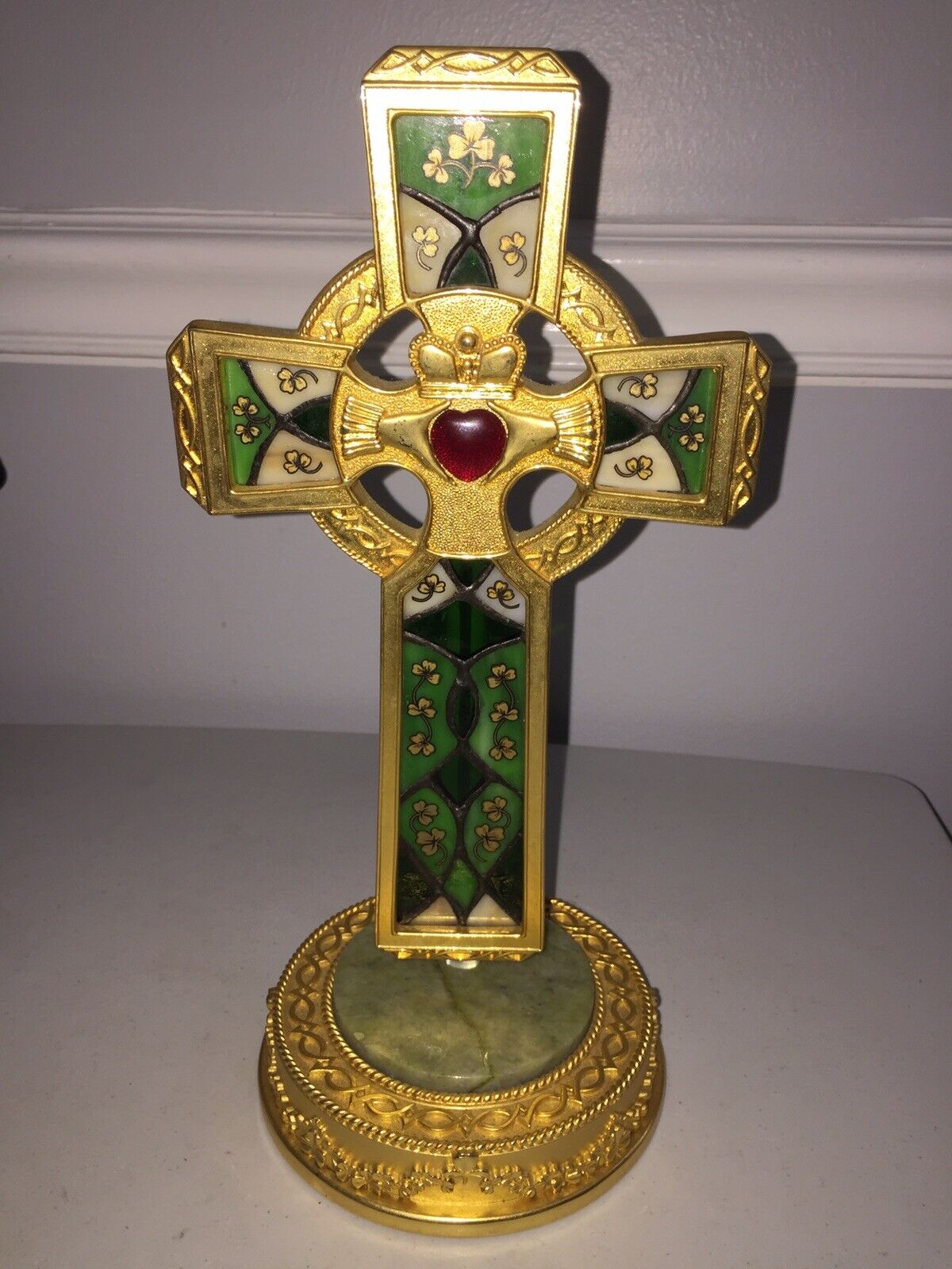 Franklin Mint The Blessings Of Ireland Stained Glass Celtic Gold Cross w/Stand