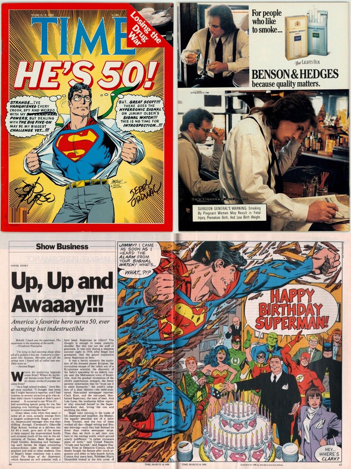Time Magazine Superman HE'S 50 March 14 1988 SIGNED John Byrne Jerry Ordway Art