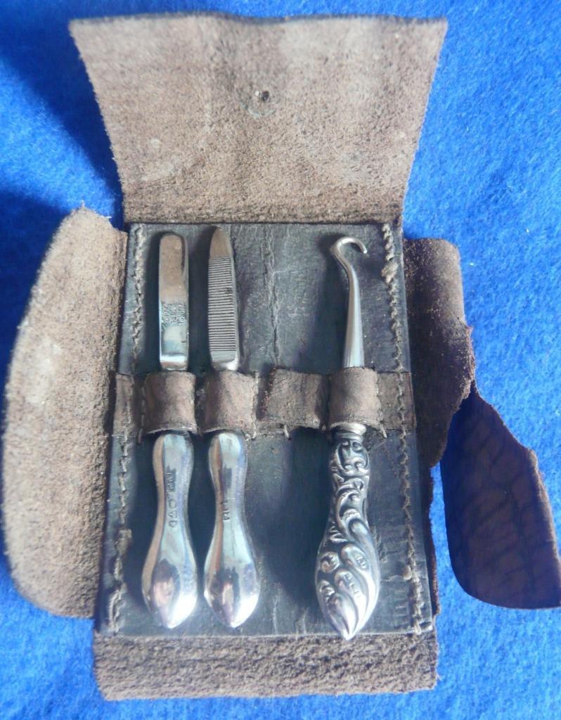 nice antique 3 piece miniature grooming kit all hallmarked silver handles