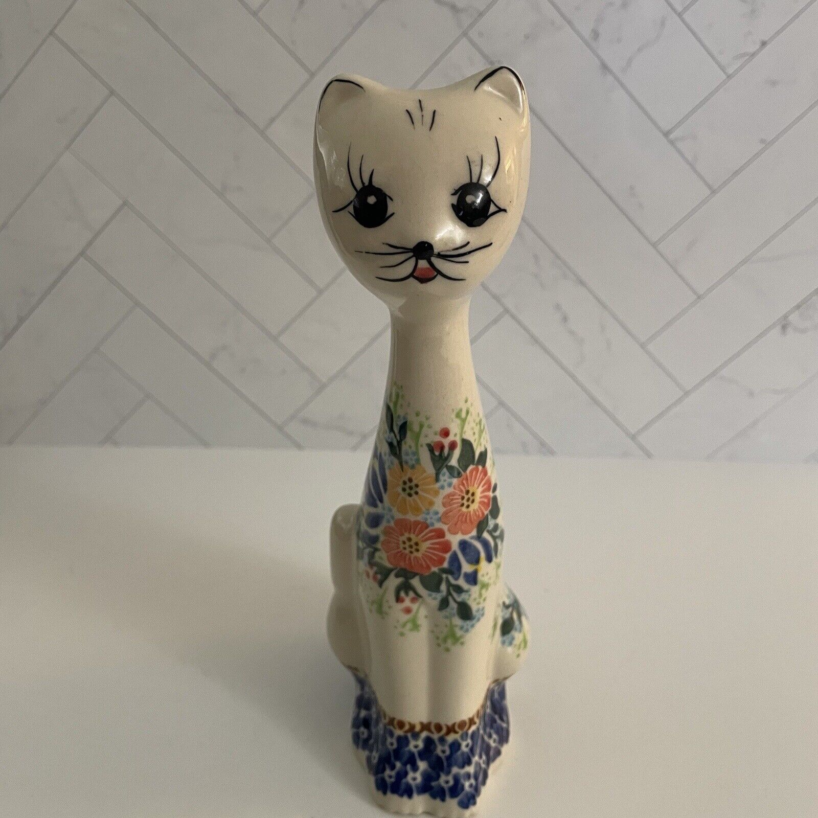 Polish Pottery Cat Tall Slender Ceramic Figurine Poland Floral 8.25”