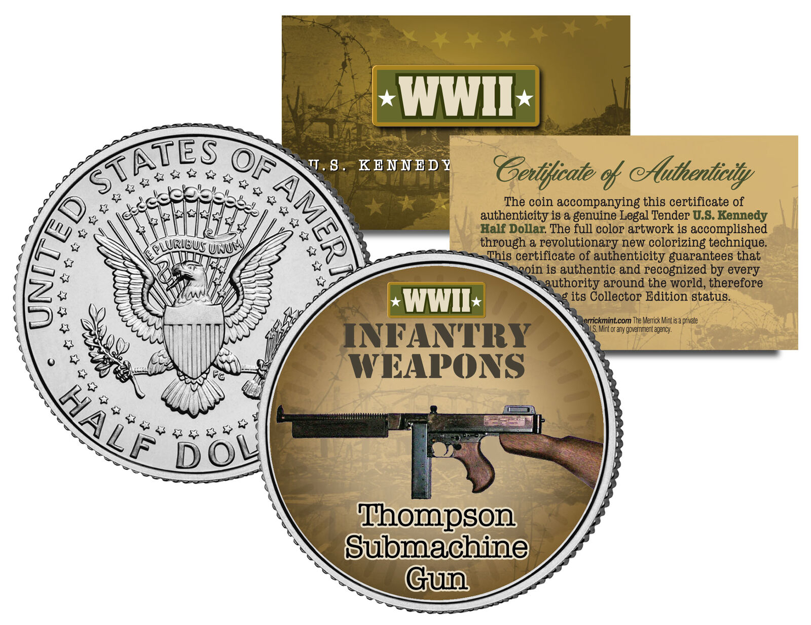 THOMPSON SUBMACHINE GUN * WWII Infantry Weapons * JFK Half Dollar U.S. Coin