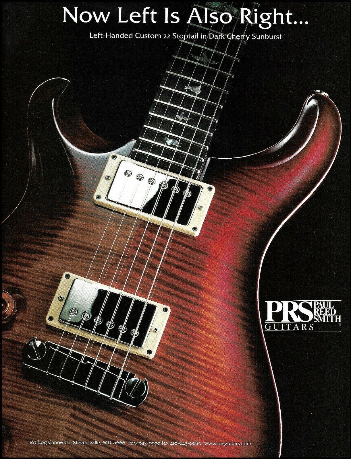 PRS Custom 22 Stoptail Left-Handed guitar advertisement 1999 ad print