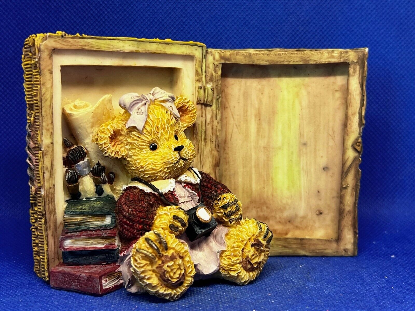 Vintage Girl Teddy Bear in Wicker Box with Books and Camera Figurine