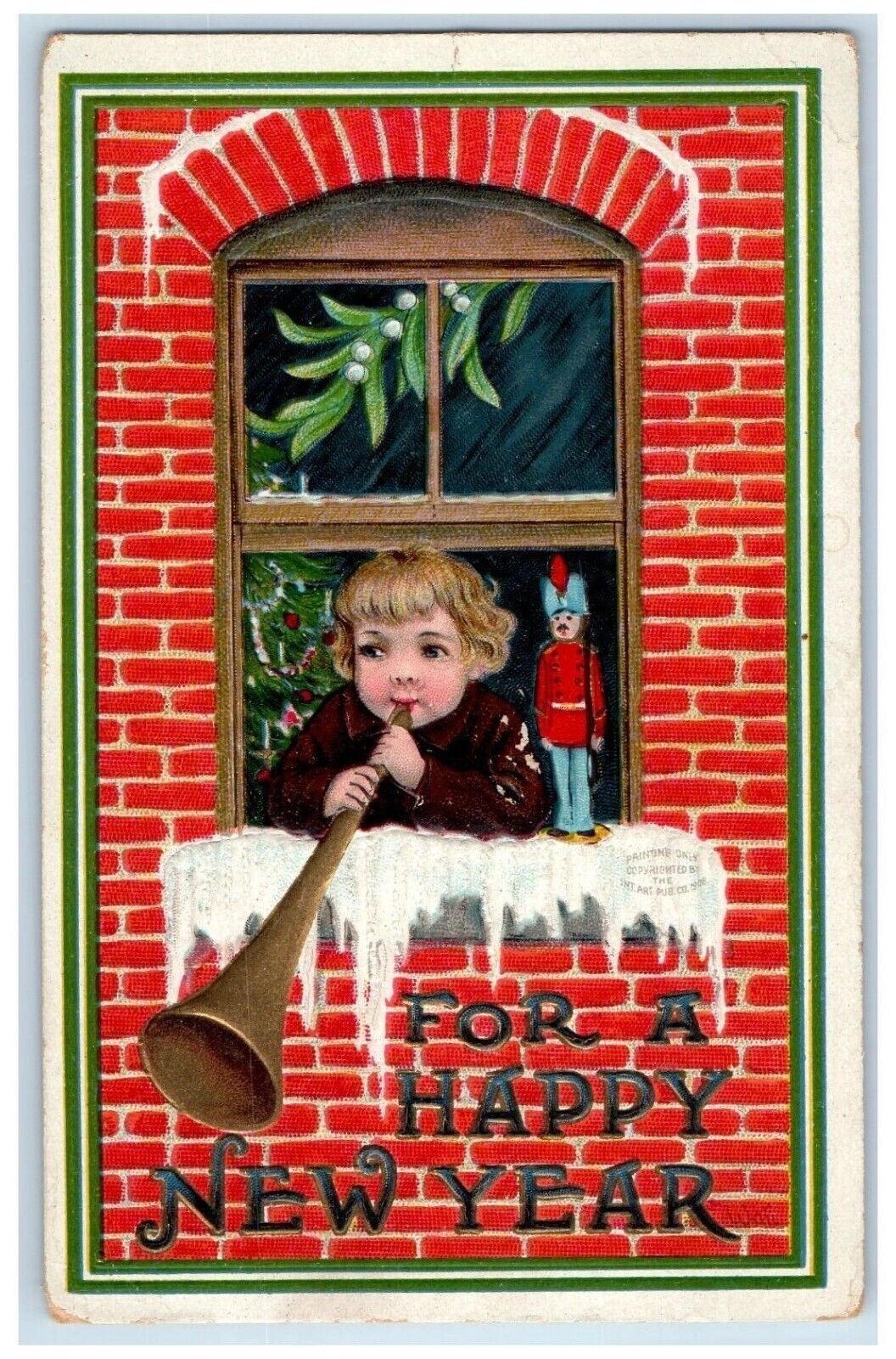 1969 New Year Boy In Chimney Trumpet Toy Holly Clapsaddle (?) Embossed Postcard