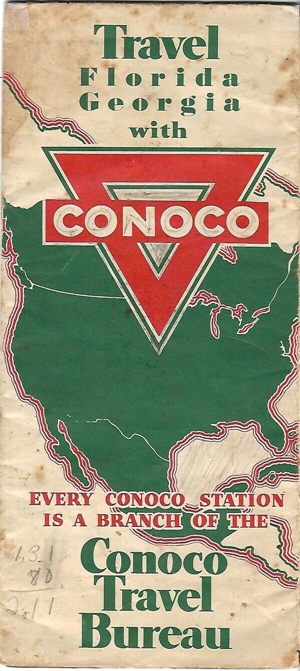1934 CONOCO Gas Station Road Map FLORIDA GEORGIA Everglades Cuba Miami Atlanta