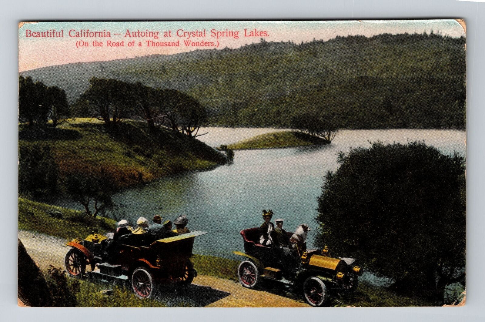 Crystal Spring Lake CA-California, Autoing at the Lake, c1911 Vintage Postcard
