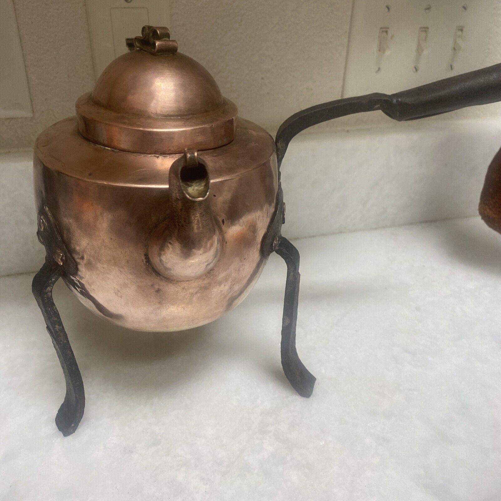 Antique 150+ Yer old Hand Made Swedish Copper Tea Kettle W Hammered Metal Handle