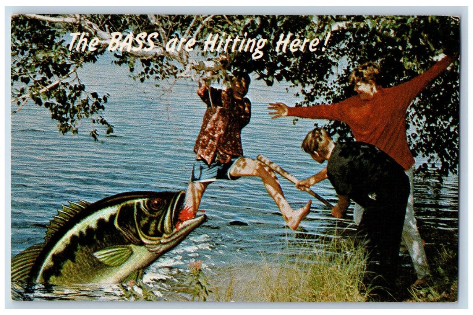 Boys Postcard Big Fish The Bass Are Hitting Here c1930's Unposted Vintage