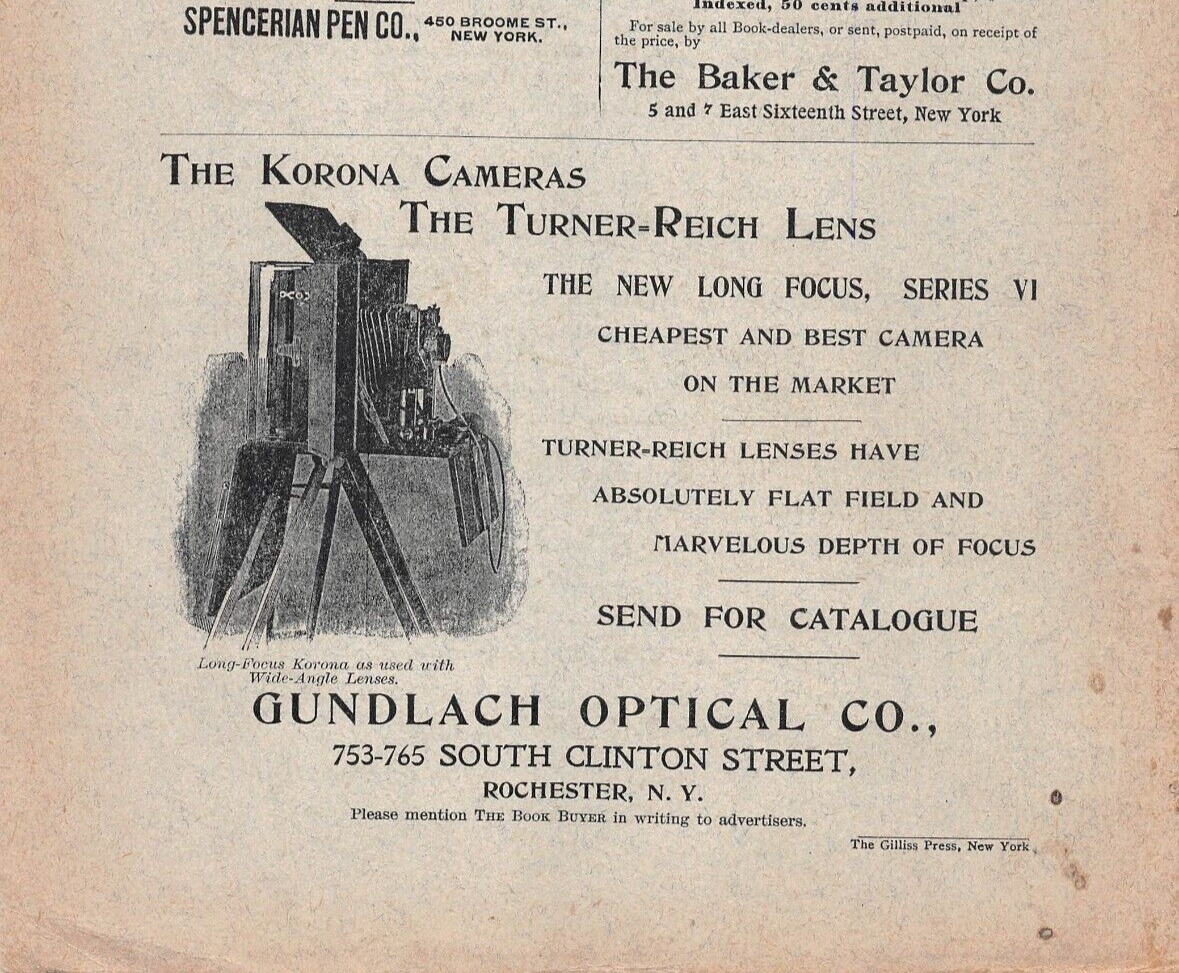 1898 ad KORONA CAMERAS Turner-Reich Lens Series VI Gundlach Optical Rochester NY