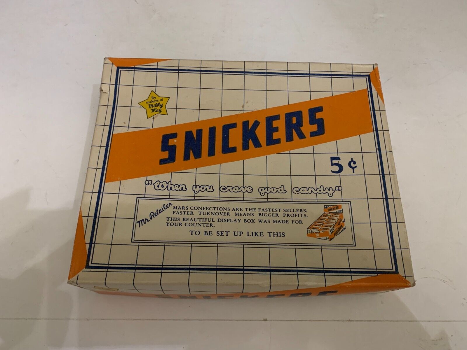 Vintage c.1940\'s Mars Snickers Five Cent Candy Bar Cardboard Box