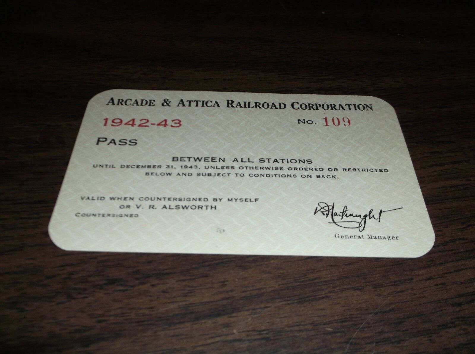 1942-1943 ARCADE & ATTICA RAILROAD EMPLOYEE PASS #109