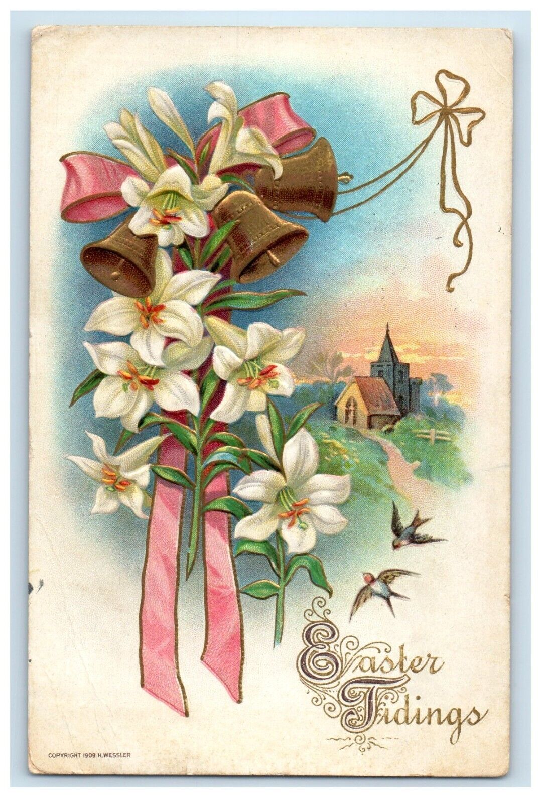 1910 Easter Tidings Lily Flowers Bells Pink Ribbon Birds Embossed Postcard