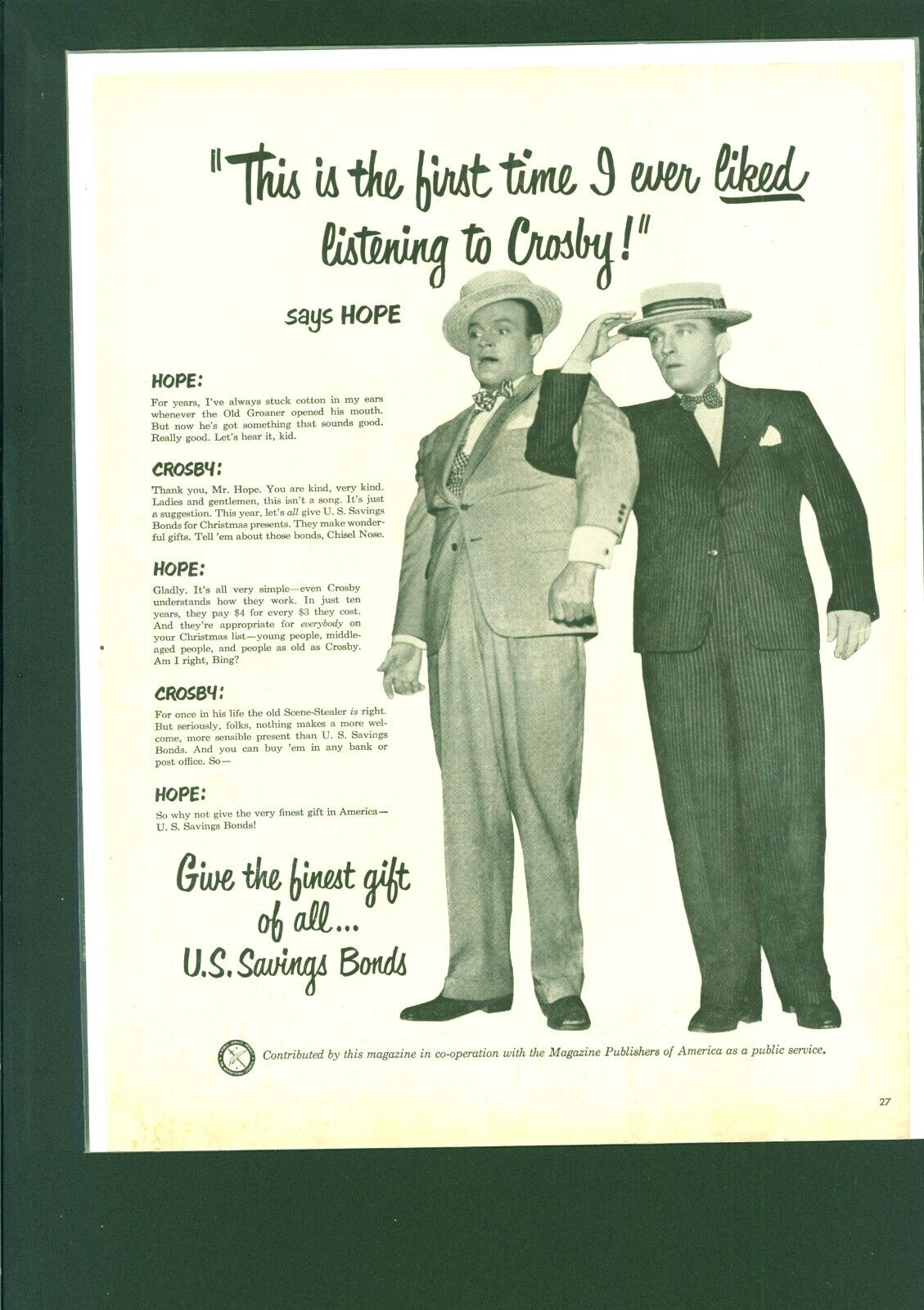 1950 Vintage War Bob Hope Bing Crosby Color Magazine Print Ad Army War patriotic