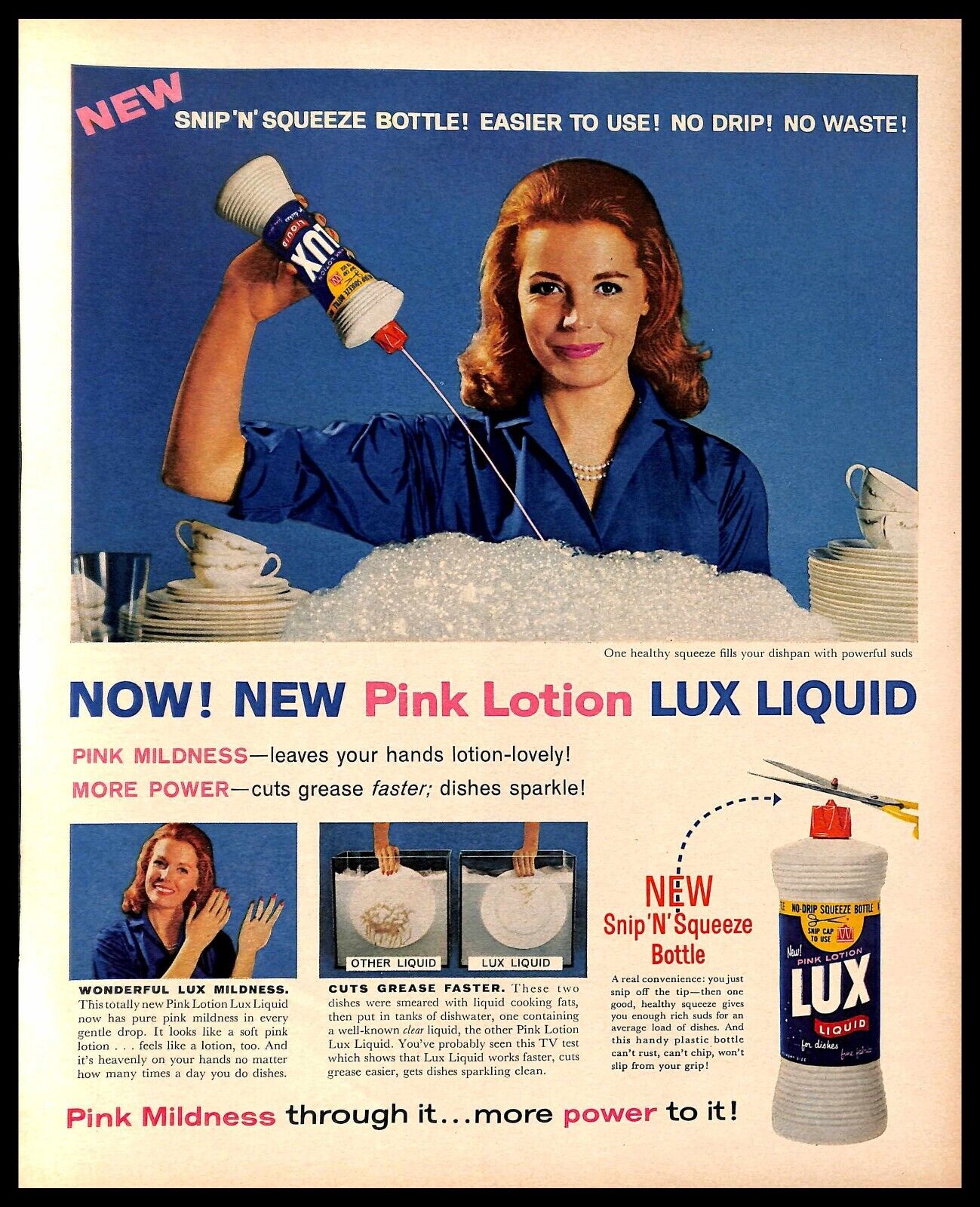 1961 Lux Liquid Detergent Vintage PRINT AD Pink Lotion Dishwashing Kitchen