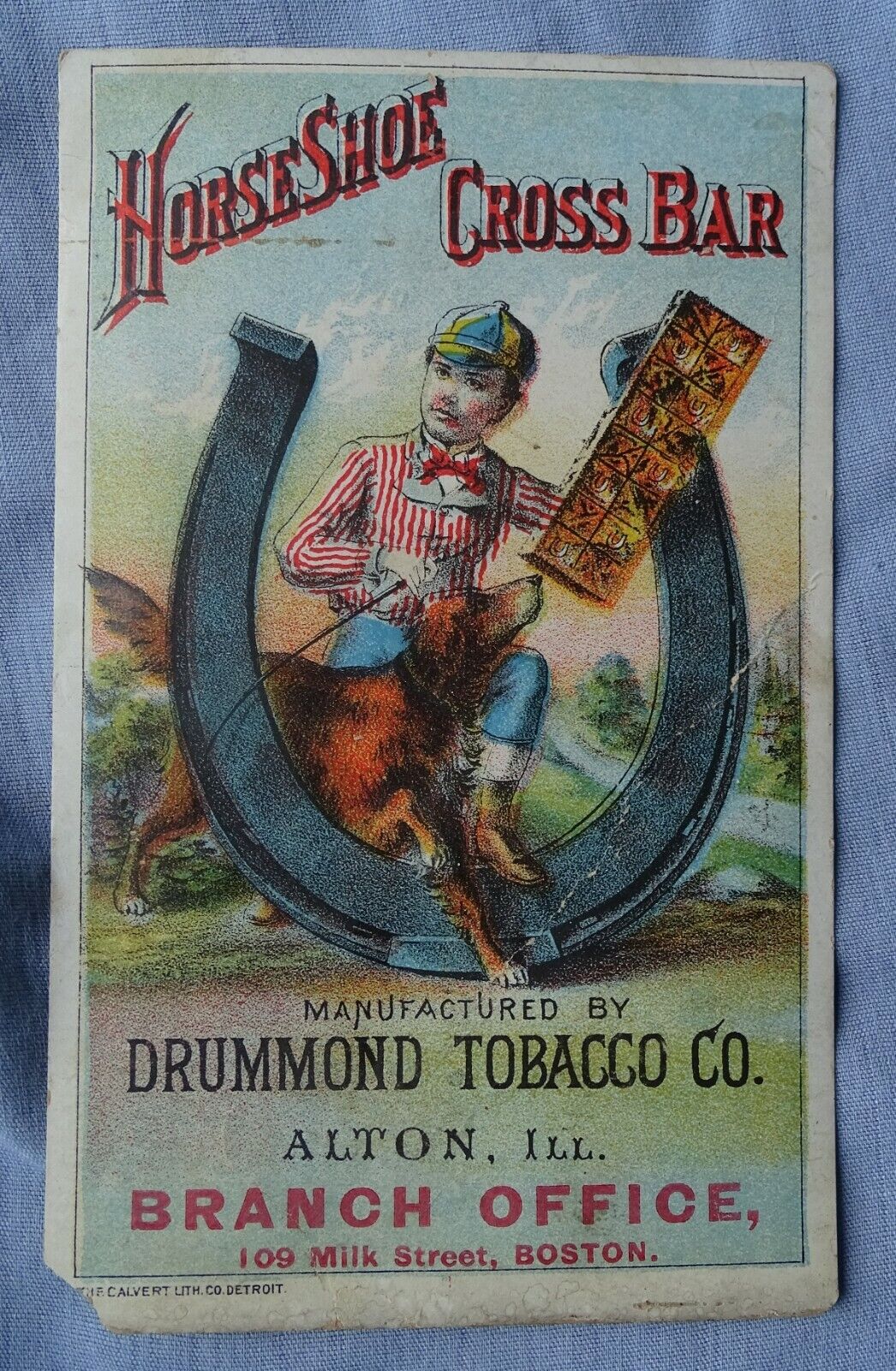 Horseshoe Cross Bar Drummond Tobacco Co. Alton Illinois Boston Trade Card (poor)