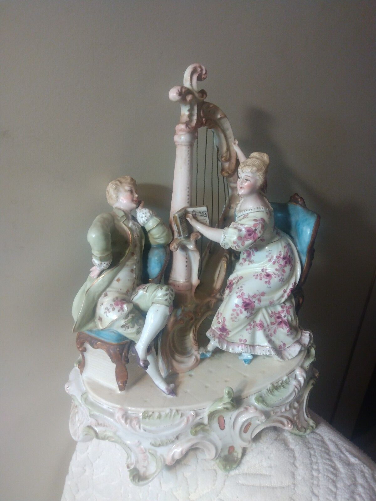 Antique Volkstedt Dresden Porcelain Figurine Music Parlor Pr w Harp FINE Perfect